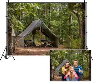 Yeele 10x8ft Scouts Forest Camping Photography Backdrop Summer Camp Green Canvas Tent Background Jungle Explore Hiking Woods Adventure Tree Plant Suburb Picnic Outdoor Campground Photo Studio Props
