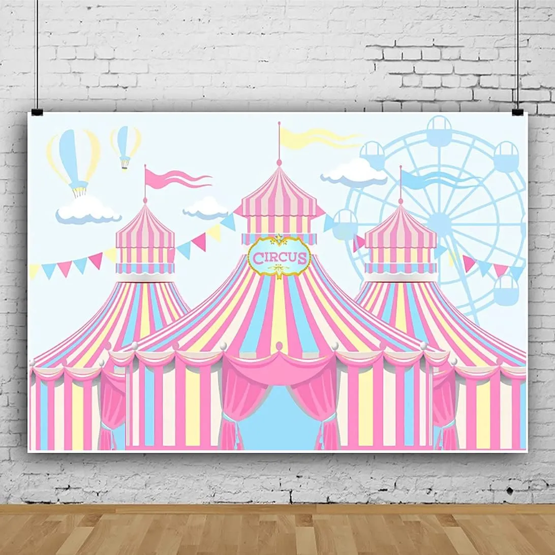 Yeele Pink Circus Backdrop Carnival Carousel Circus Tents Background for Photography Happy First 1st Birthday Backdrops Ferris Hot Air Balloon Party Dessert Candy Cake Table Decor Shoot Props,7x5ft