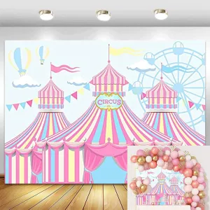 Yeele Pink Circus Backdrop Carnival Carousel Circus Tents Background for Photography Happy First 1st Birthday Backdrops Ferris Hot Air Balloon Party Dessert Candy Cake Table Decor Shoot Props,7x5ft