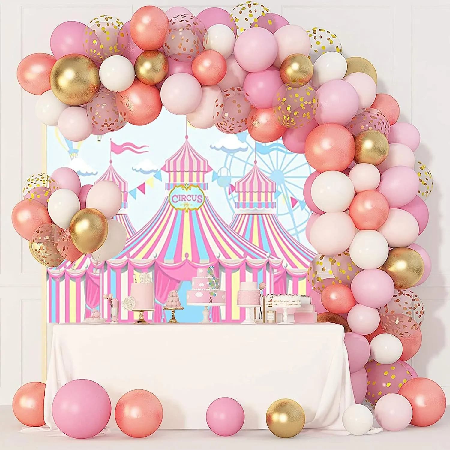 Yeele Pink Circus Backdrop Carnival Carousel Circus Tents Background for Photography Happy First 1st Birthday Backdrops Ferris Hot Air Balloon Party Dessert Candy Cake Table Decor Shoot Props,7x5ft