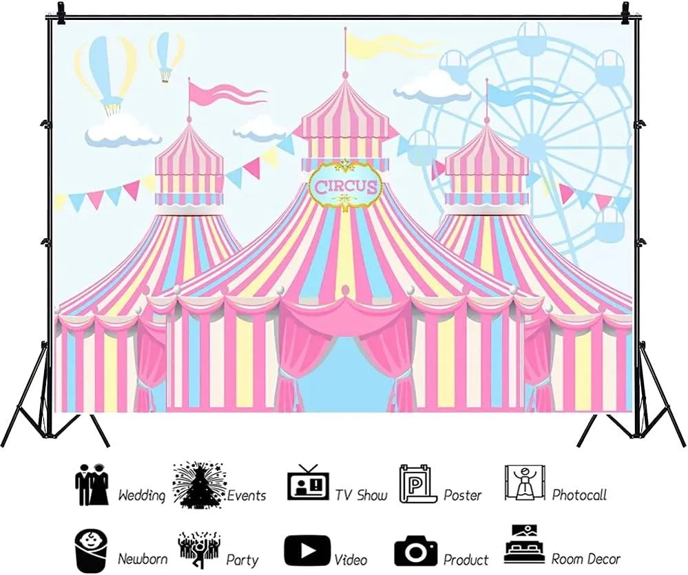 Yeele Pink Circus Backdrop Carnival Carousel Circus Tents Background for Photography Happy First 1st Birthday Backdrops Ferris Hot Air Balloon Party Dessert Candy Cake Table Decor Shoot Props,7x5ft