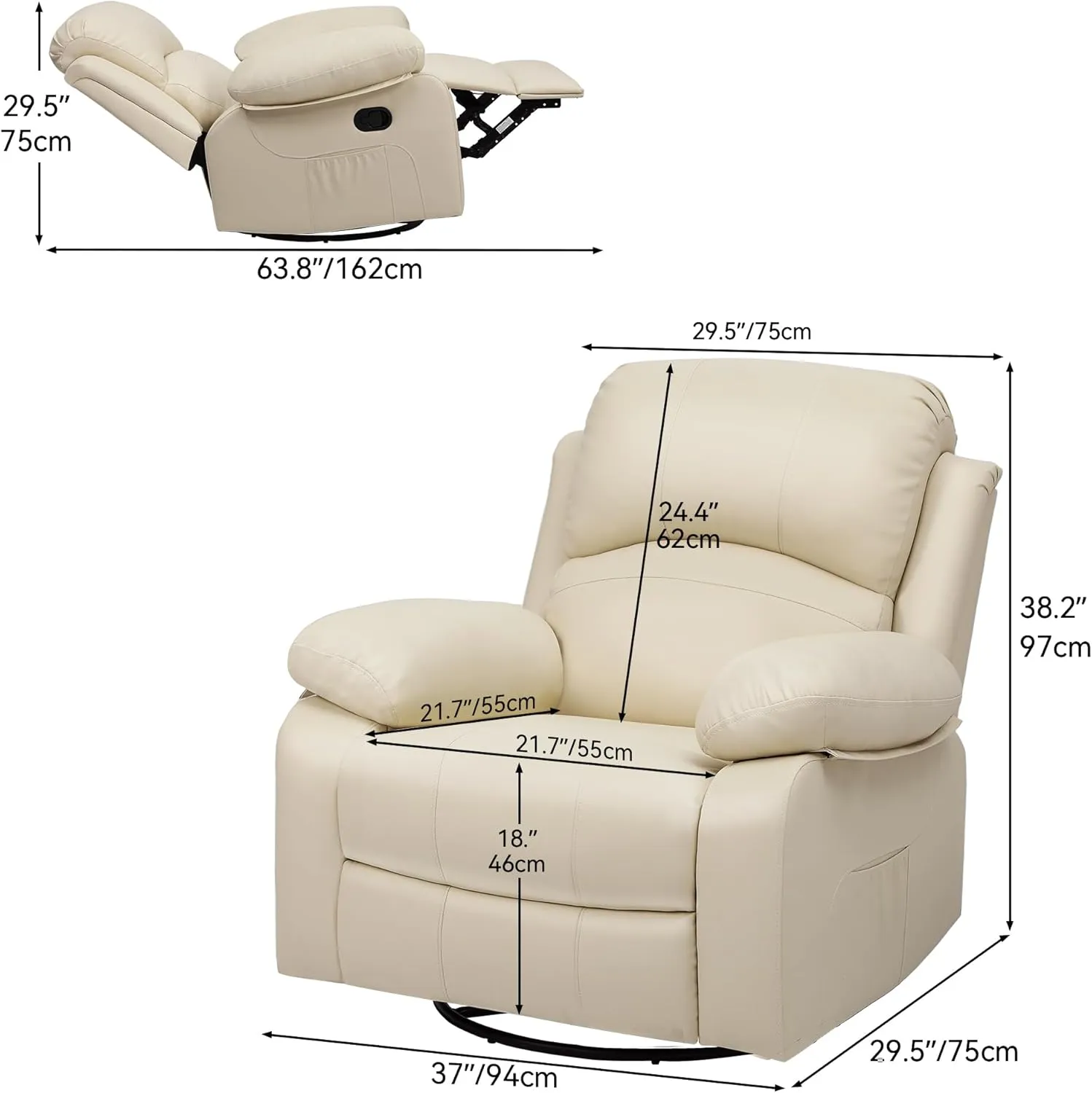 YITAHOME Oversized Rocker Recliner Chair with Heat and Massage, Lazy Boy Recliner with Overstuffed Armrest, Rocking Function and Side Pocket, Faux Leather Manual Reclining Chair for Living Room,Biege2
