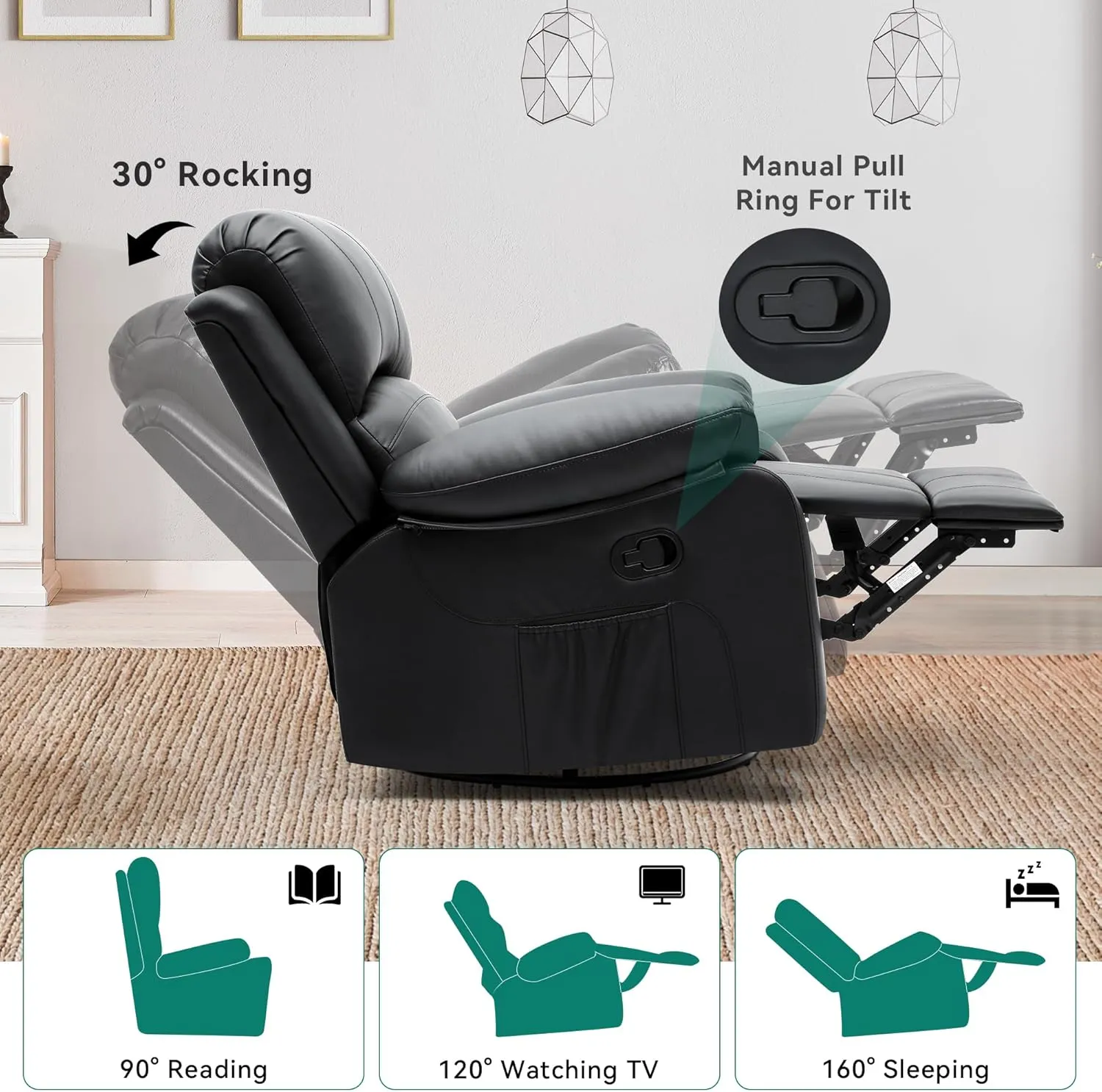 YITAHOME Oversized Rocker Recliner Chair with Heat and Massage, Lazy Boy Recliner with Overstuffed Armrest, Rocking Function and Side Pocket, Faux Leather Manual Reclining Chair for Living Room,Black2