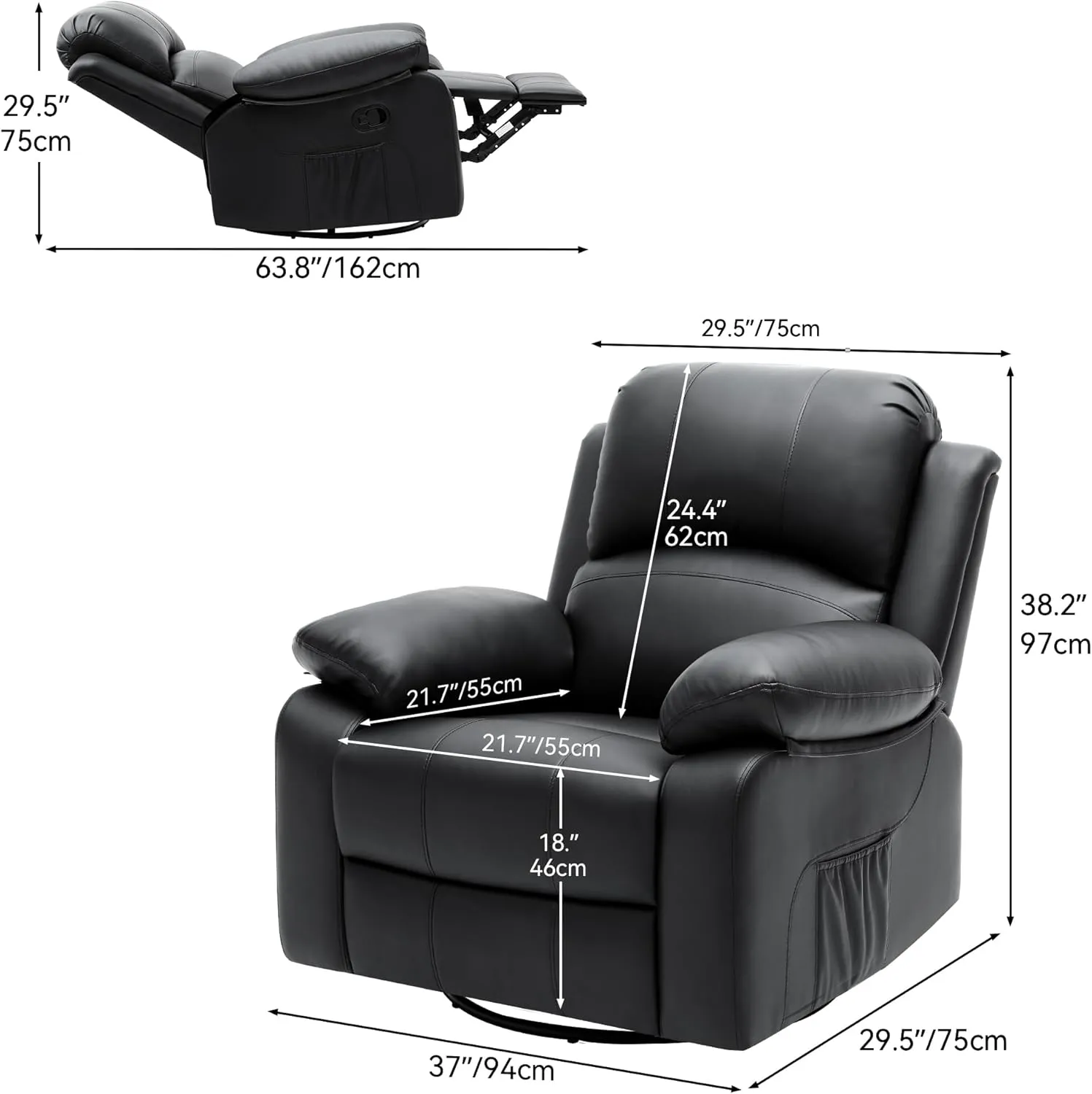 YITAHOME Oversized Rocker Recliner Chair with Heat and Massage, Lazy Boy Recliner with Overstuffed Armrest, Rocking Function and Side Pocket, Faux Leather Manual Reclining Chair for Living Room,Black2