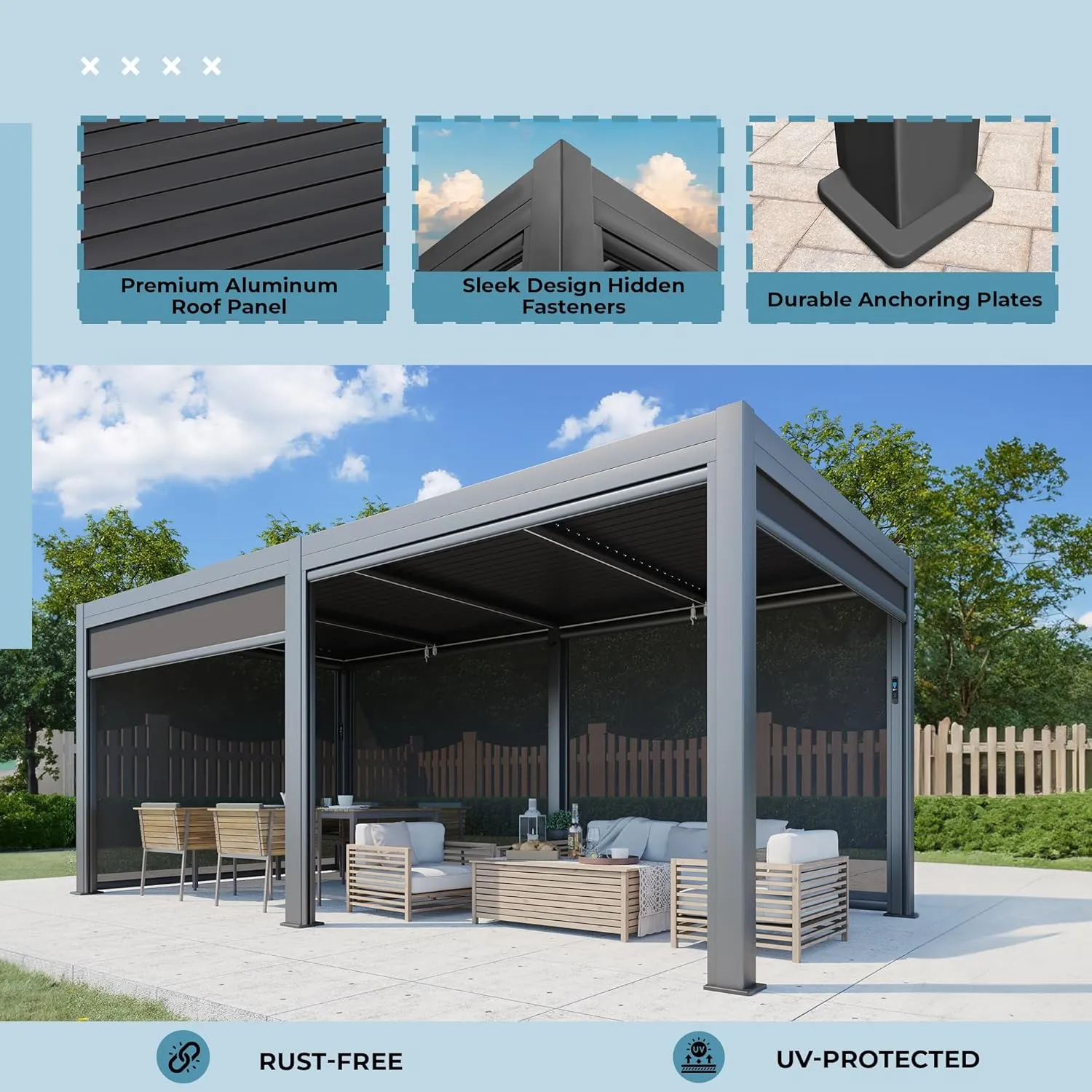YOLENY Electric Louvered Pergola 10x20, Solar and Electric Powered, Integrated LED Lights and 6 Side Screens, Motorized Adjustable Rainproof Roof, All Aluminum Outdoor Shelter for Patio, Dark Gray