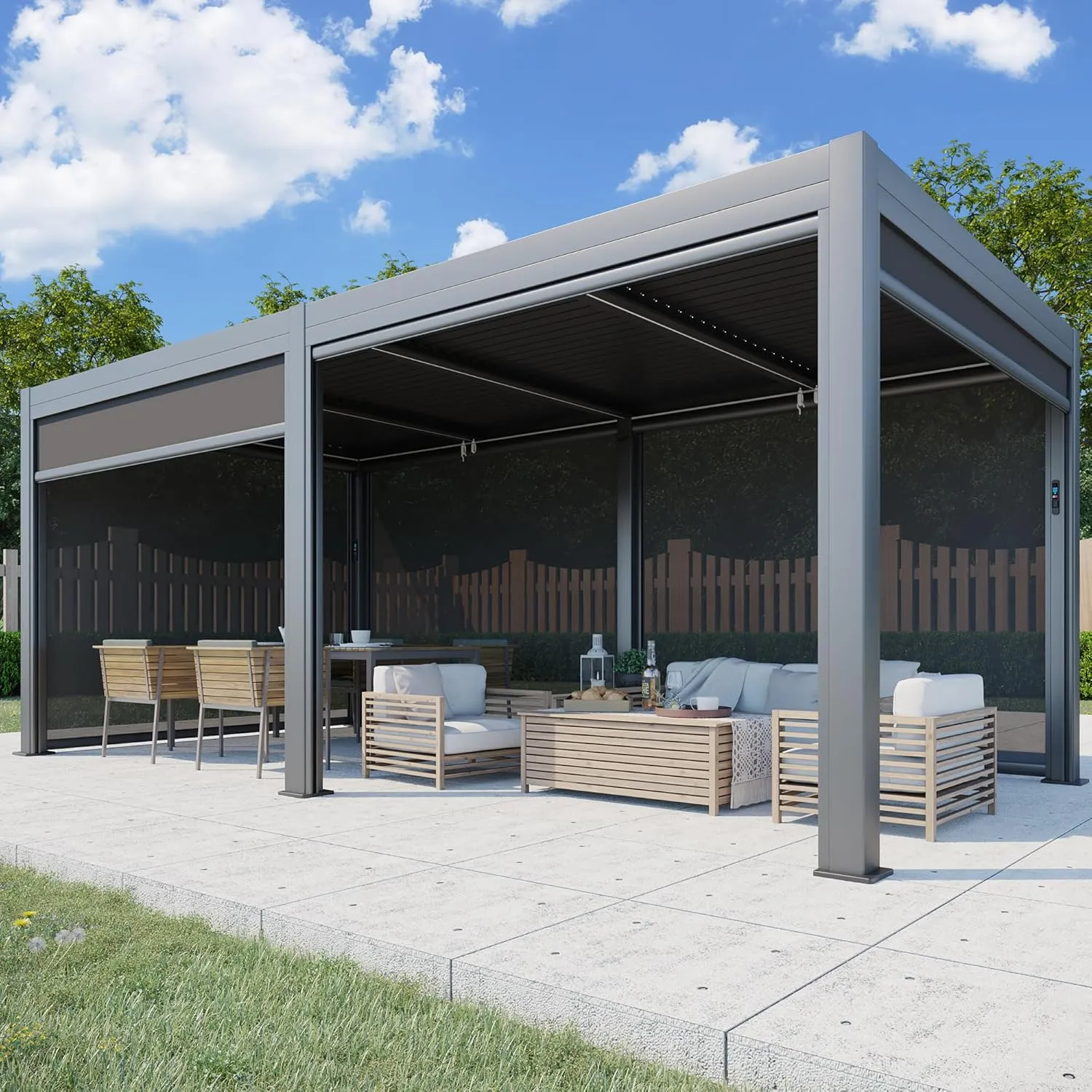 YOLENY Electric Louvered Pergola 10x20, Solar and Electric Powered, Integrated LED Lights and 6 Side Screens, Motorized Adjustable Rainproof Roof, All Aluminum Outdoor Shelter for Patio, Dark Gray