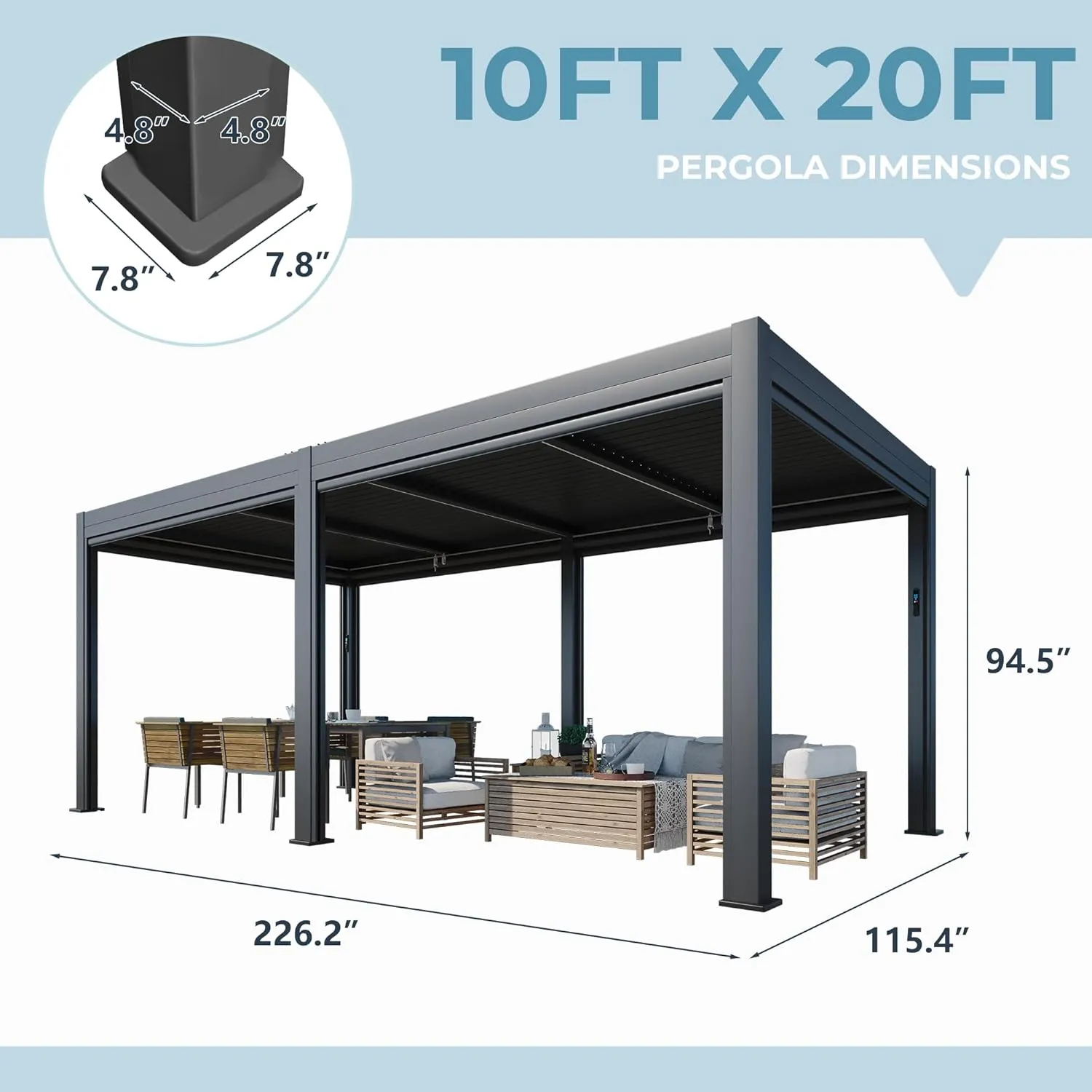 YOLENY Electric Louvered Pergola 10x20, Solar and Electric Powered, Integrated LED Lights and 6 Side Screens, Motorized Adjustable Rainproof Roof, All Aluminum Outdoor Shelter for Patio, Dark Gray