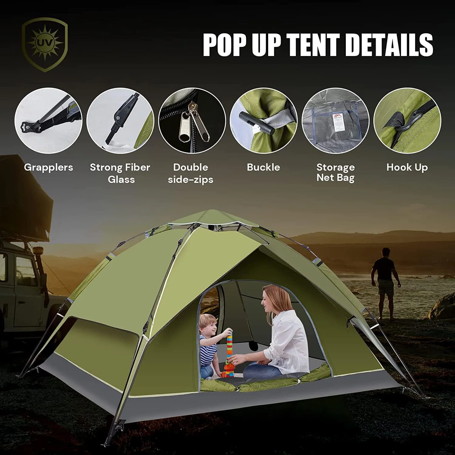YUEWO Instant Popup Tents 2-3 Persons,Waterproof Windproof Tents for Camping,2 in 1 Easy Set Up Family Tent with Shelter,Rainfly, Outdoor Dome Tent for Travel,Hiking