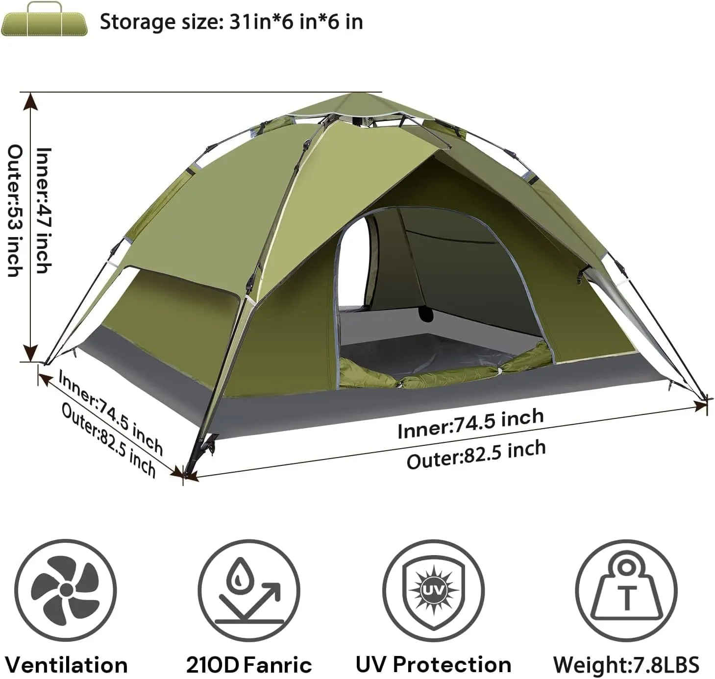 YUEWO Instant Popup Tents 2-3 Persons,Waterproof Windproof Tents for Camping,2 in 1 Easy Set Up Family Tent with Shelter,Rainfly, Outdoor Dome Tent for Travel,Hiking