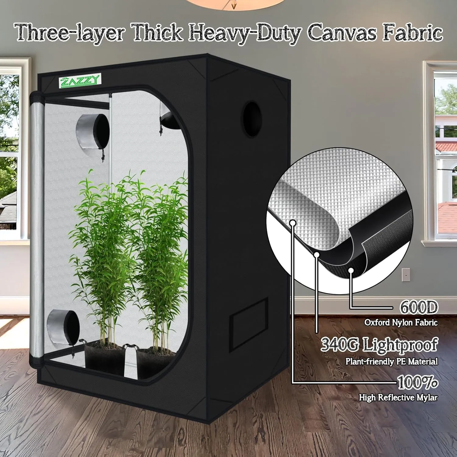 zazzy Grow Tent 3x3 FT, 36"x36"x72" Plant Tent Growing Tent High Reflective Mylar with Observation Window and Removable Floor Tray for Hydroponics Indoor Plant Growing