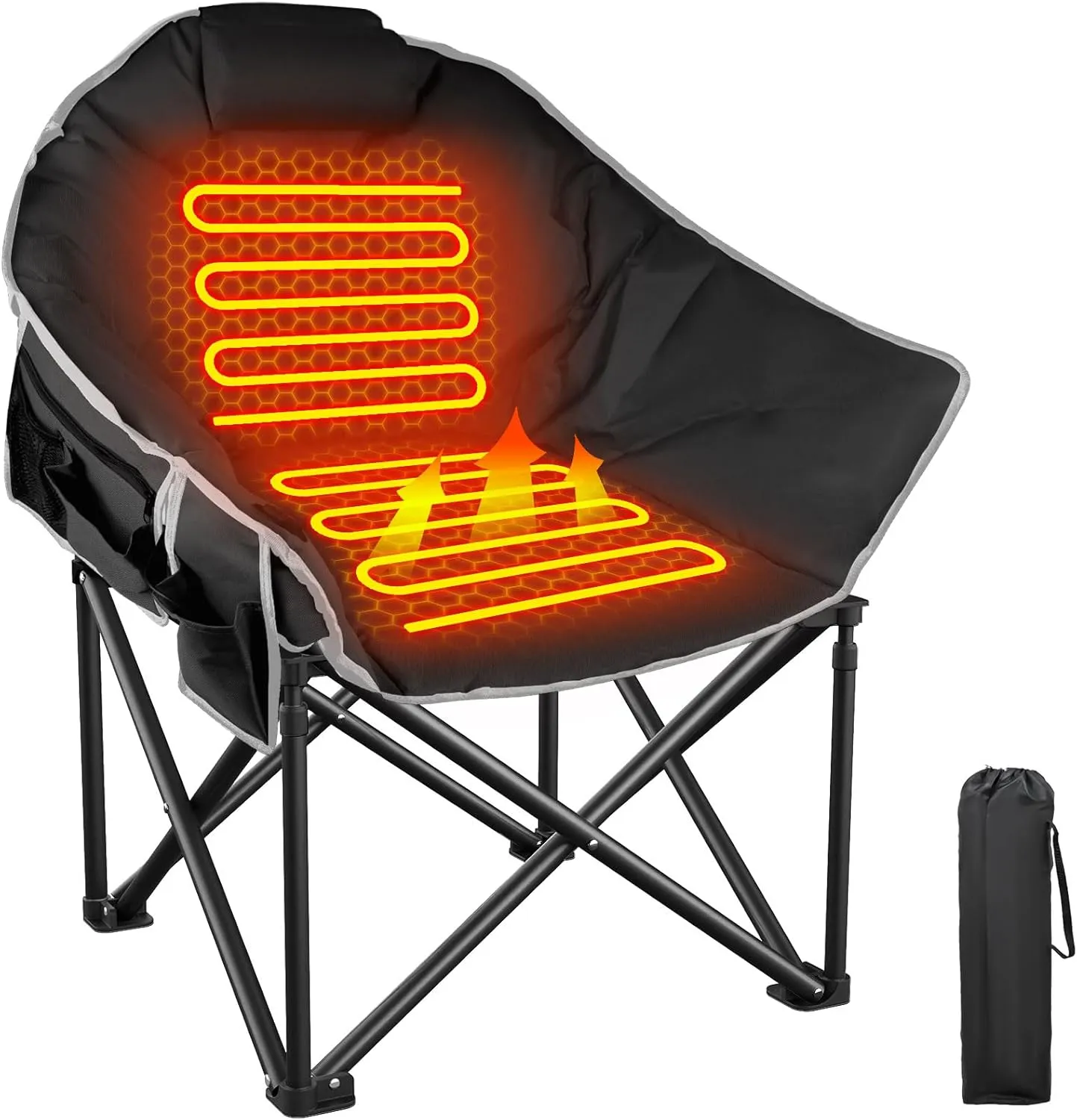 ZENPETIO Heated Camping Chair, Oversized Heated Chairs for Adults Outdoor Sports, Dual Heating Zones with 3 Levels, Portable Folding Heated Chair for Camp, Sports, Lawn (Battery NOT Included)