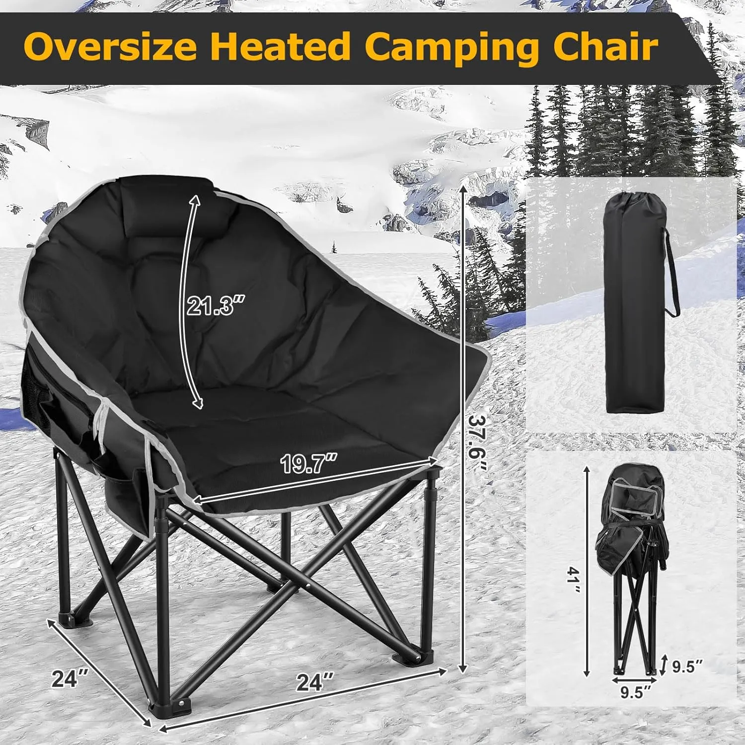 ZENPETIO Heated Camping Chair, Oversized Heated Chairs for Adults Outdoor Sports, Dual Heating Zones with 3 Levels, Portable Folding Heated Chair for Camp, Sports, Lawn (Battery NOT Included)