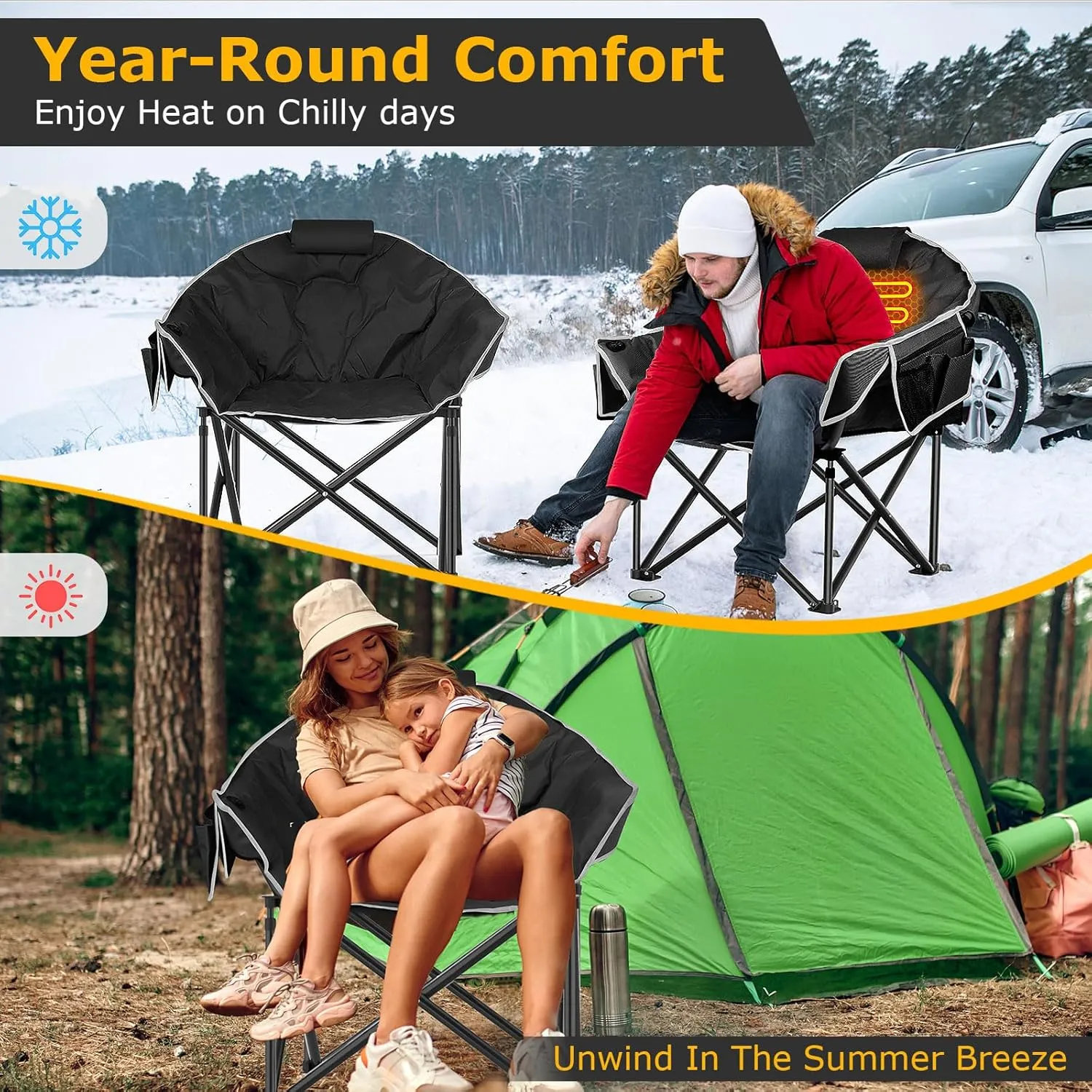 ZENPETIO Heated Camping Chair, Oversized Heated Chairs for Adults Outdoor Sports, Dual Heating Zones with 3 Levels, Portable Folding Heated Chair for Camp, Sports, Lawn (Battery NOT Included)