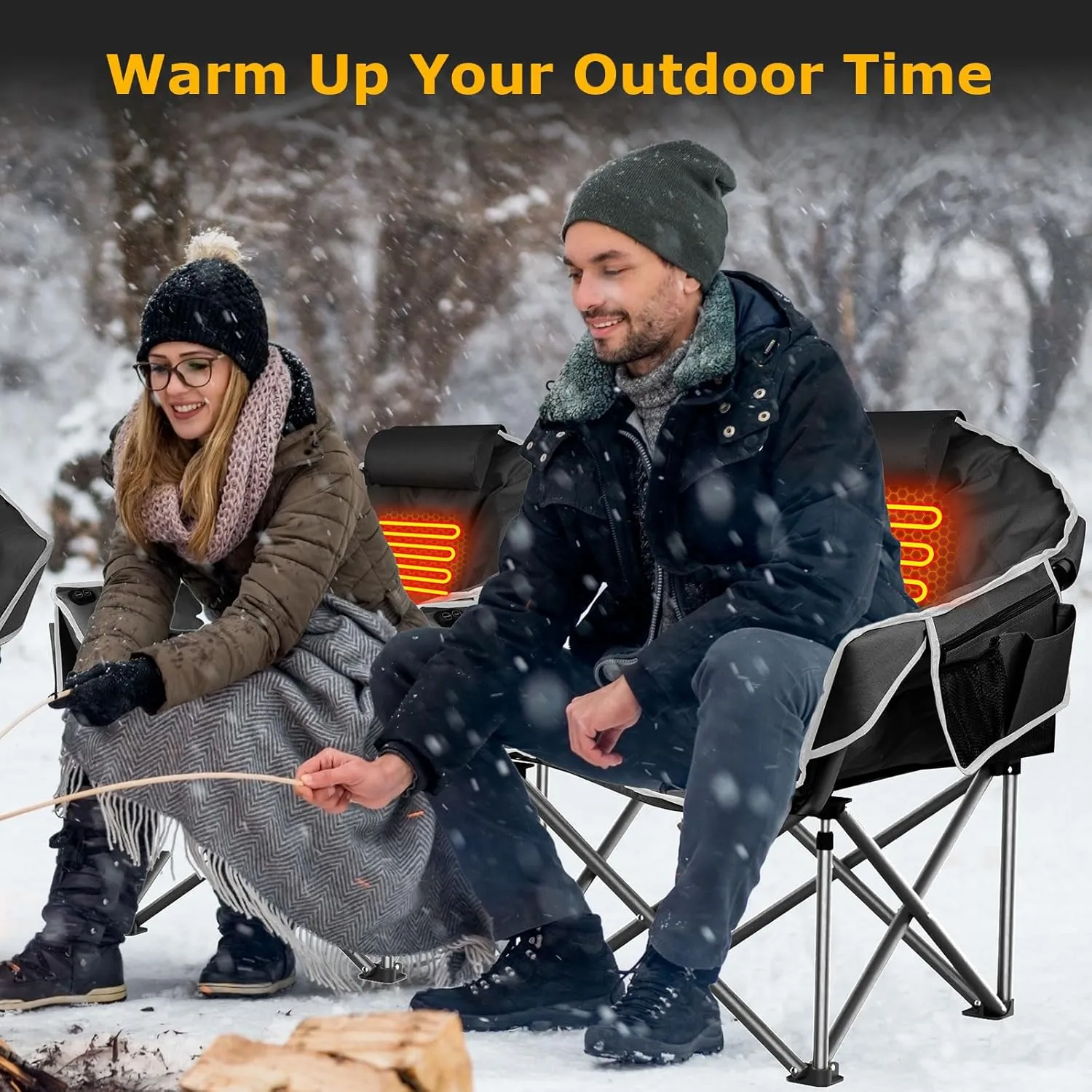 ZENPETIO Heated Camping Chair, Oversized Heated Chairs for Adults Outdoor Sports, Dual Heating Zones with 3 Levels, Portable Folding Heated Chair for Camp, Sports, Lawn (Battery NOT Included)