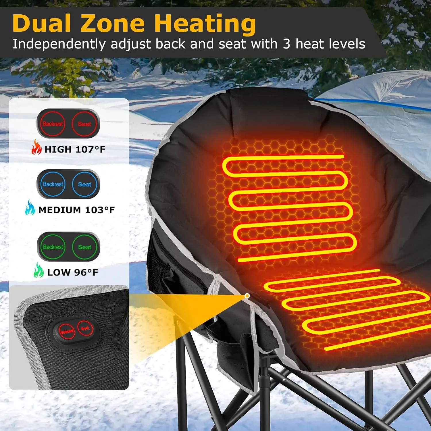 ZENPETIO Heated Camping Chair, Oversized Heated Chairs for Adults Outdoor Sports, Dual Heating Zones with 3 Levels, Portable Folding Heated Chair for Camp, Sports, Lawn (Battery NOT Included)