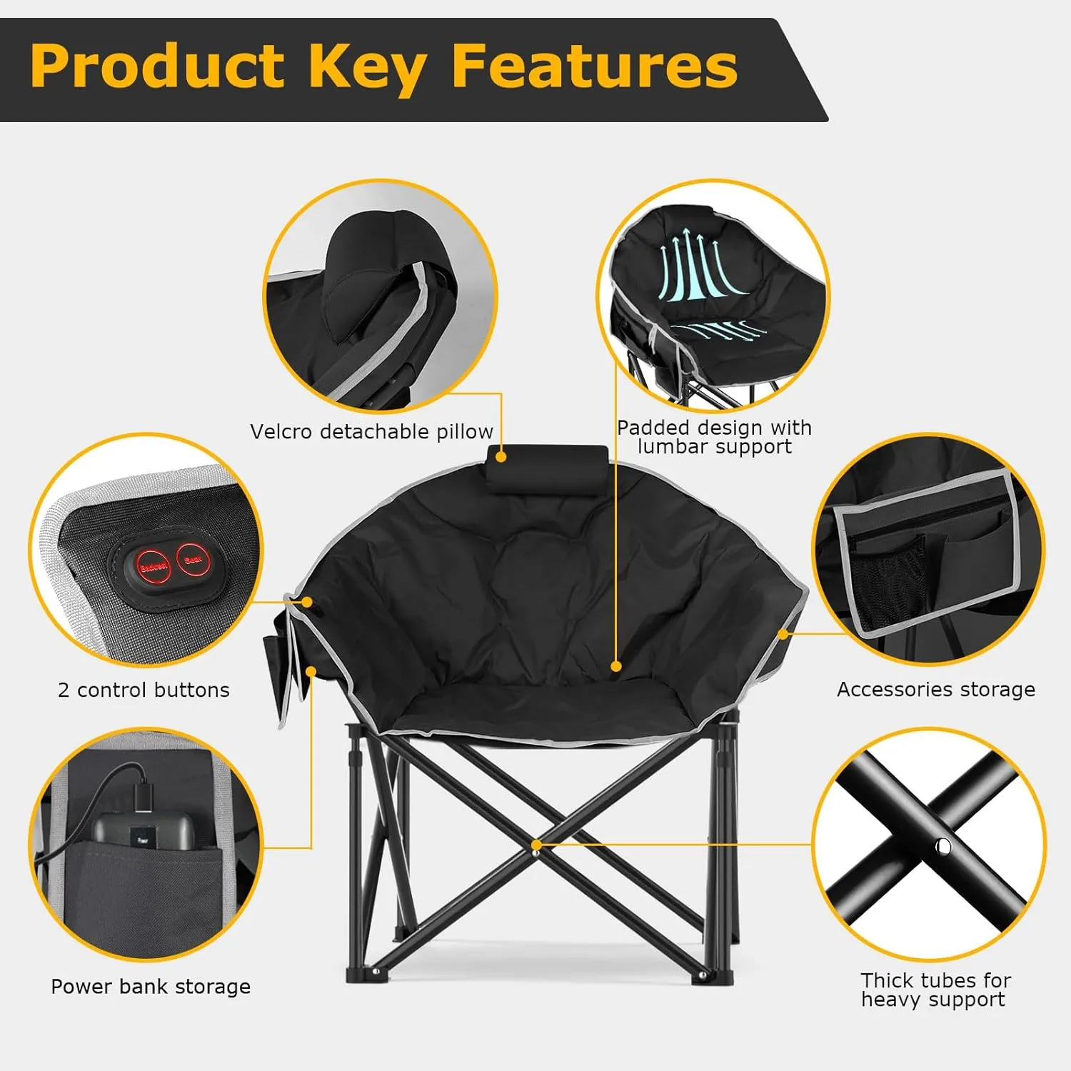 ZENPETIO Heated Camping Chair, Oversized Heated Chairs for Adults Outdoor Sports, Dual Heating Zones with 3 Levels, Portable Folding Heated Chair for Camp, Sports, Lawn (Battery NOT Included)