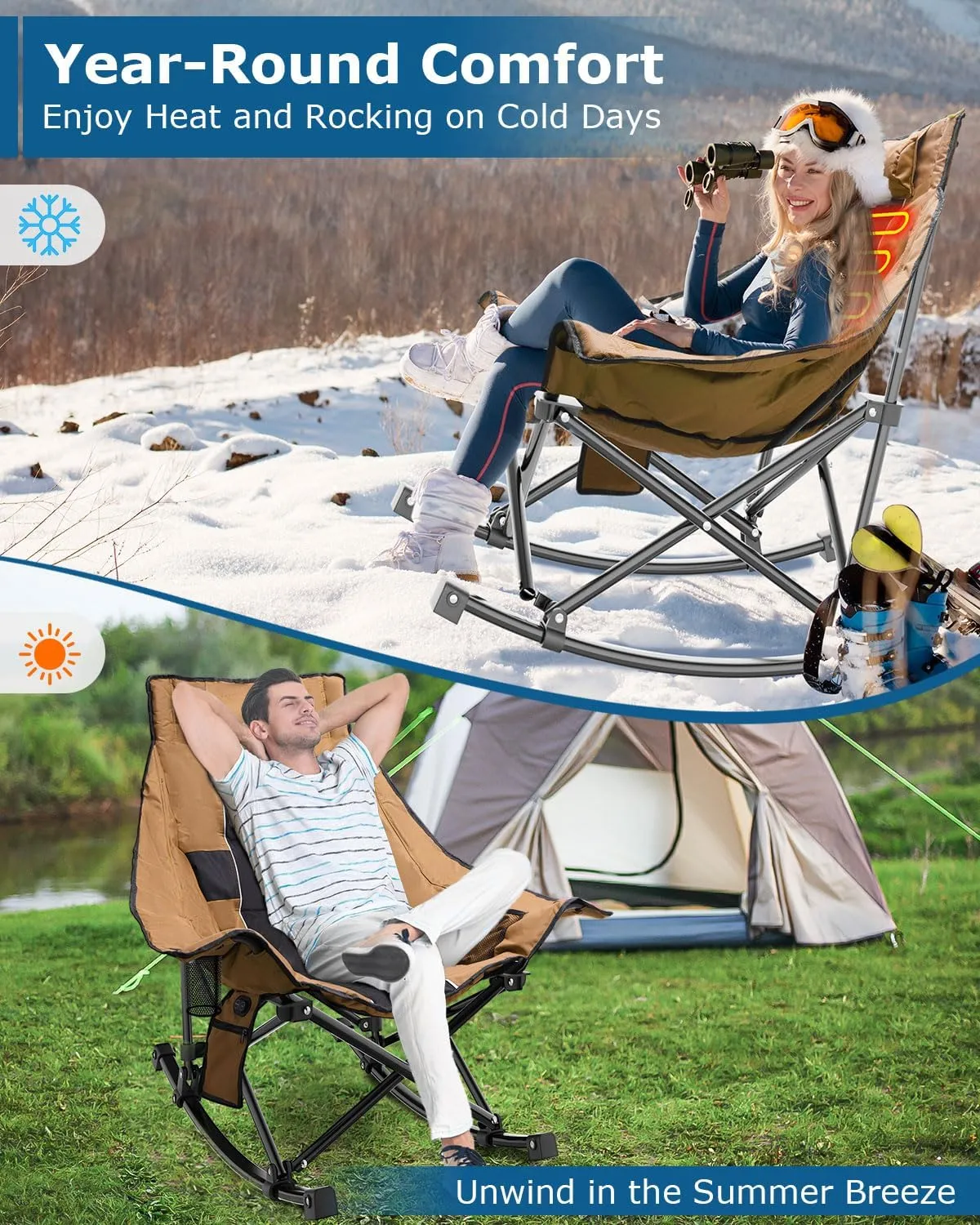 ZENPETIO Heated Camping Chair, Oversized Outdoor Rocking Chair with 20000mAh Power Bank, Portable Folding Heated Chair for Camp, Lawn, Sports, Winter Use