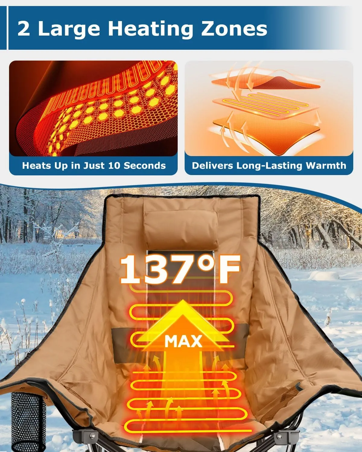 ZENPETIO Heated Camping Chair, Oversized Outdoor Rocking Chair with 20000mAh Power Bank, Portable Folding Heated Chair for Camp, Lawn, Sports, Winter Use