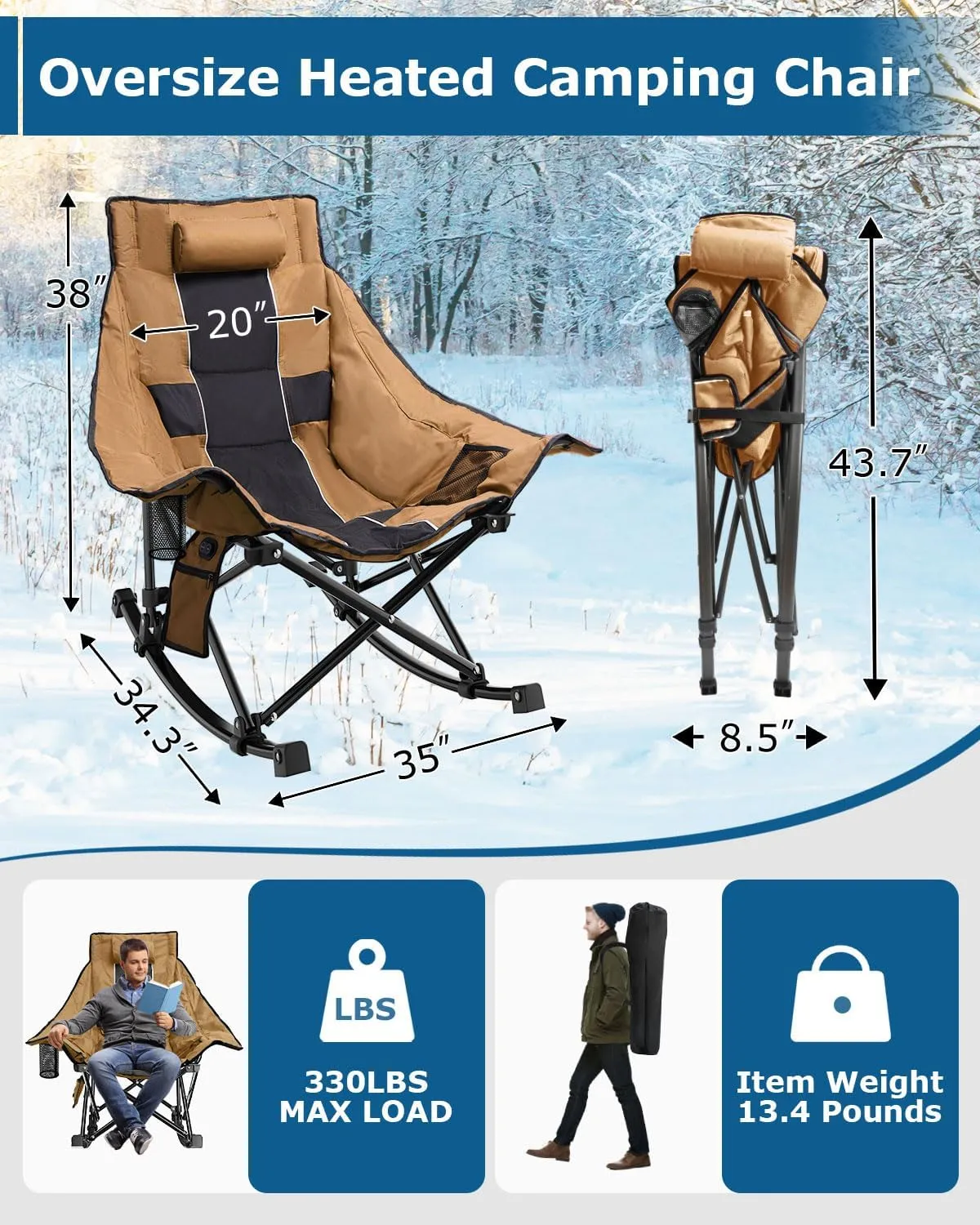 ZENPETIO Heated Camping Chair, Oversized Outdoor Rocking Chair with 20000mAh Power Bank, Portable Folding Heated Chair for Camp, Lawn, Sports, Winter Use