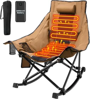 ZENPETIO Heated Camping Chair, Oversized Outdoor Rocking Chair with 20000mAh Power Bank, Portable Folding Heated Chair for Camp, Lawn, Sports, Winter Use