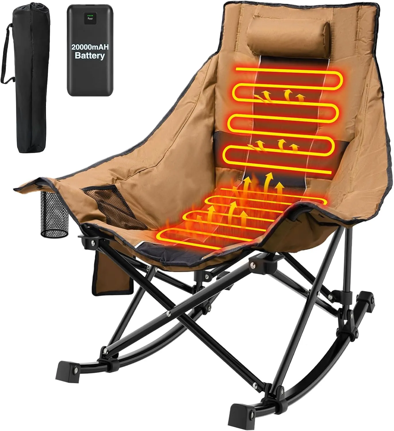 ZENPETIO Heated Camping Chair, Oversized Outdoor Rocking Chair with 20000mAh Power Bank, Portable Folding Heated Chair for Camp, Lawn, Sports, Winter Use