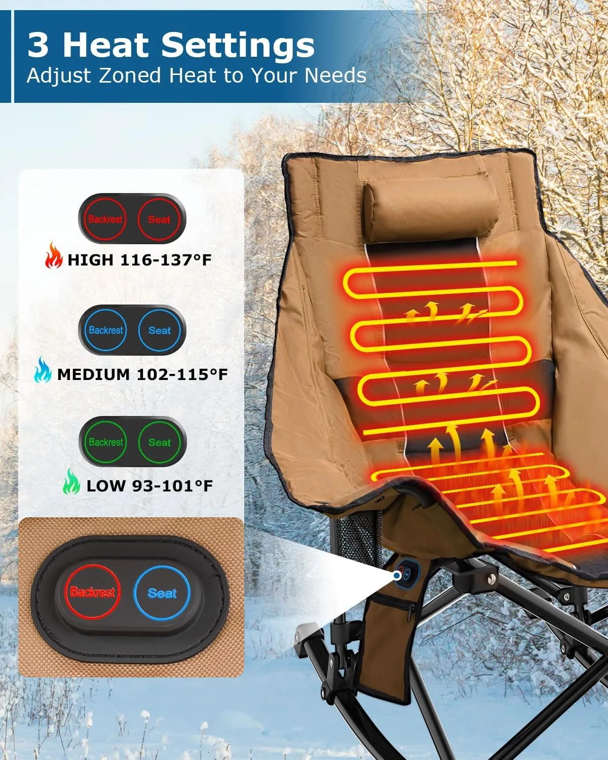 ZENPETIO Heated Camping Chair, Oversized Outdoor Rocking Chair with 20000mAh Power Bank, Portable Folding Heated Chair for Camp, Lawn, Sports, Winter Use