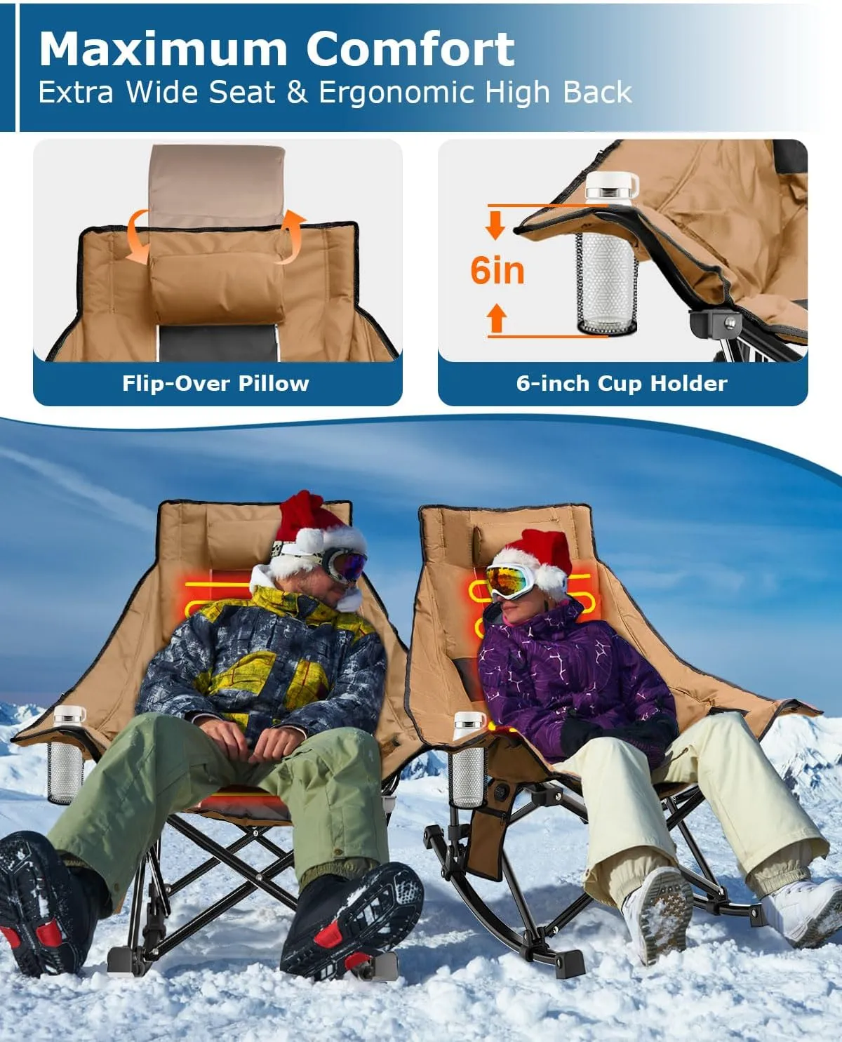 ZENPETIO Heated Camping Chair, Oversized Outdoor Rocking Chair with 20000mAh Power Bank, Portable Folding Heated Chair for Camp, Lawn, Sports, Winter Use