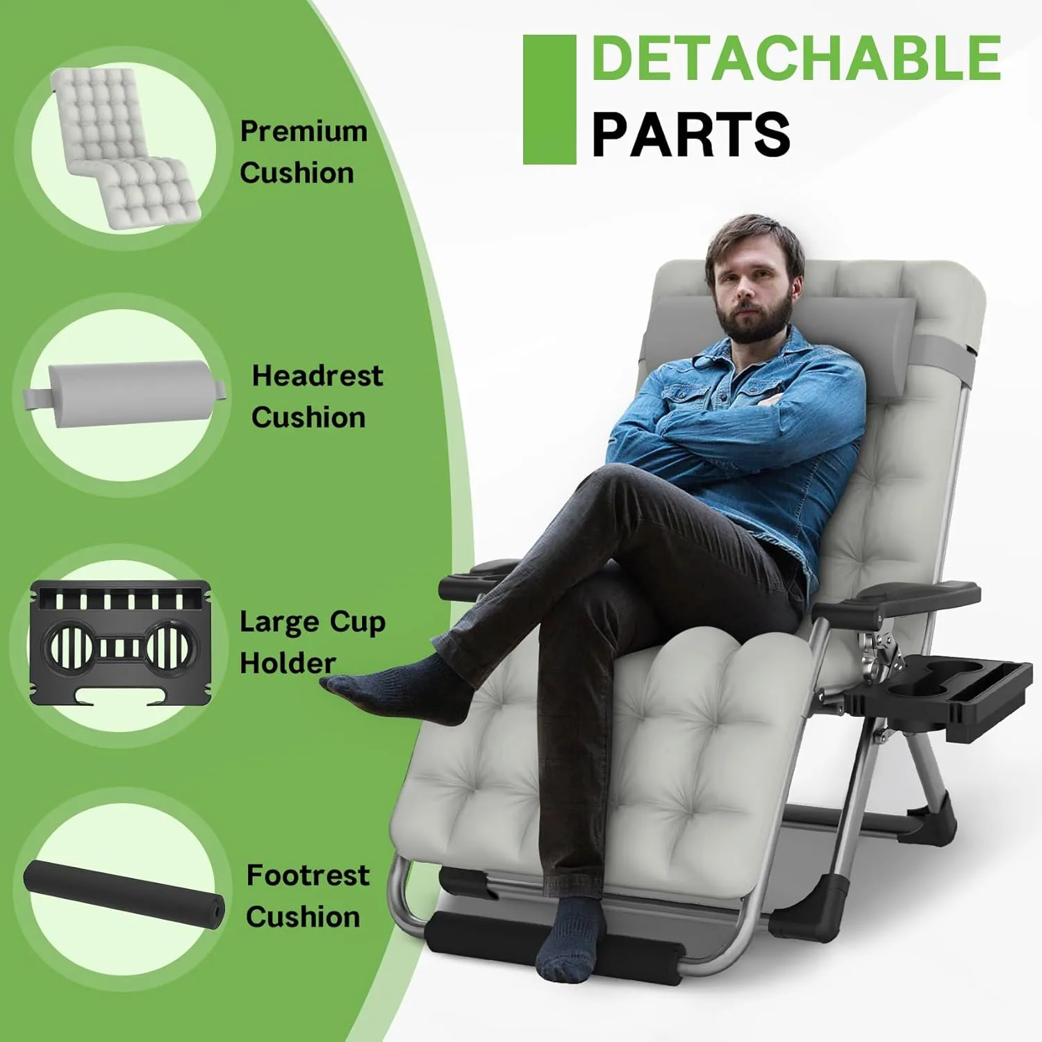 ZENPETIO Oversized Zero Gravity Chair, 33In XXL Zero Gravity Recliner Lounge Chair, Anti Gravity Chair for Indoor and Outdoor, Reclining Camping Chair for Lawn and Patio w/Cushion and Footrest, 500LBS