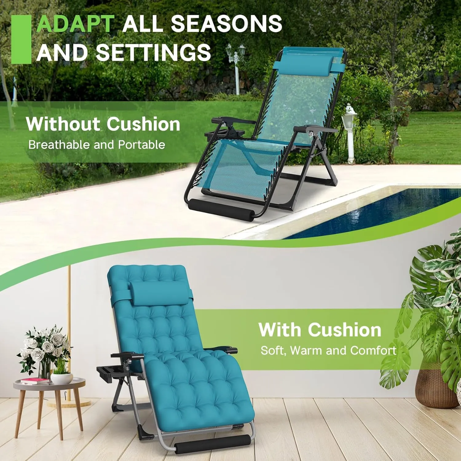 ZENPETIO Oversized Zero Gravity Chair, 33In XXL Zero Gravity Recliner Lounge Chair, Anti Gravity Chair for Indoor and Outdoor, Reclining Camping Chair for Lawn and Patio w/Cushion and Footrest, 500LBS