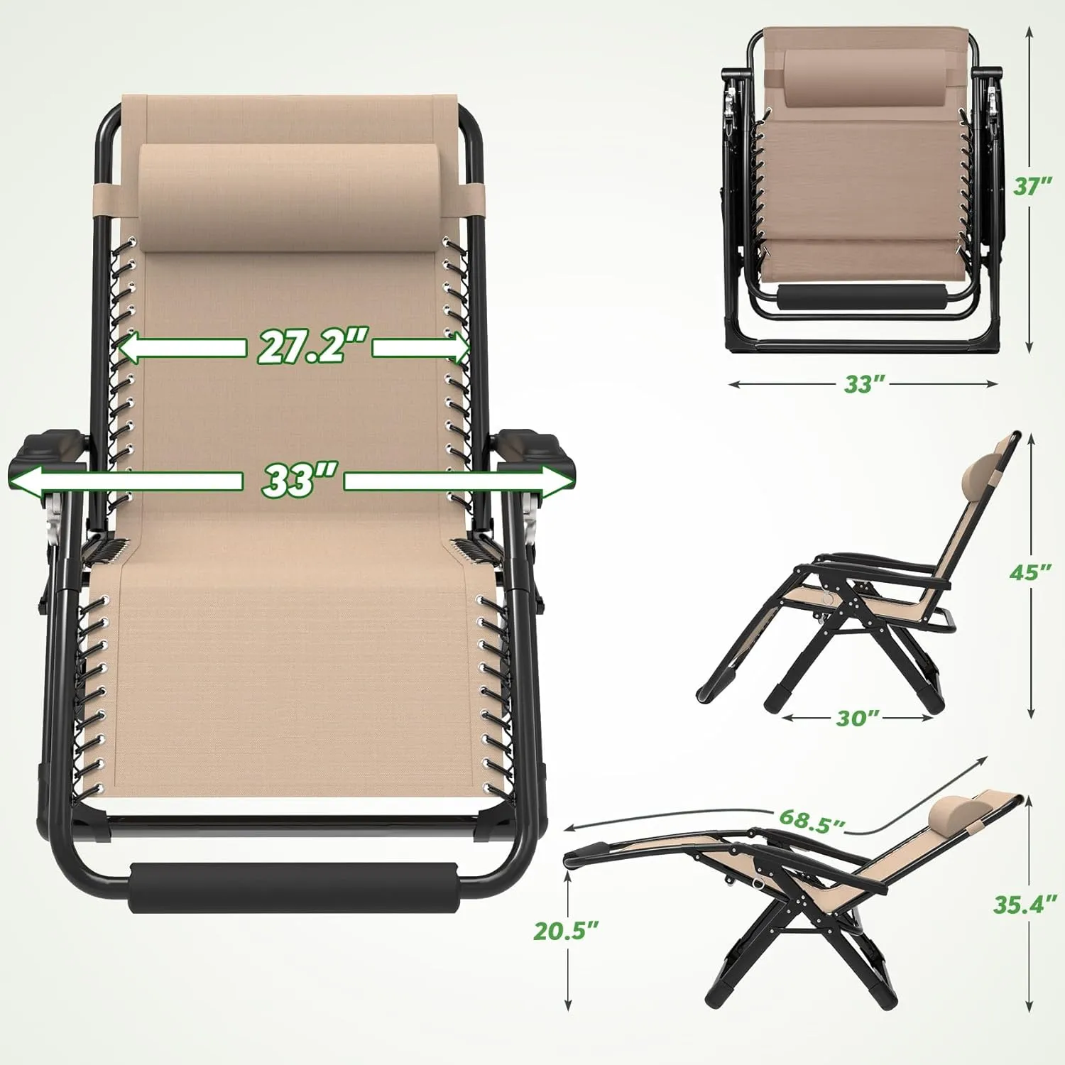 ZENPETIO Oversized Zero Gravity Chair, 33In XXL Zero Gravity Recliner Lounge Chair, Anti Gravity Chair for Indoor and Outdoor, Reclining Camping Chair for Lawn and Patio w/Cushion and Footrest, 500LBS