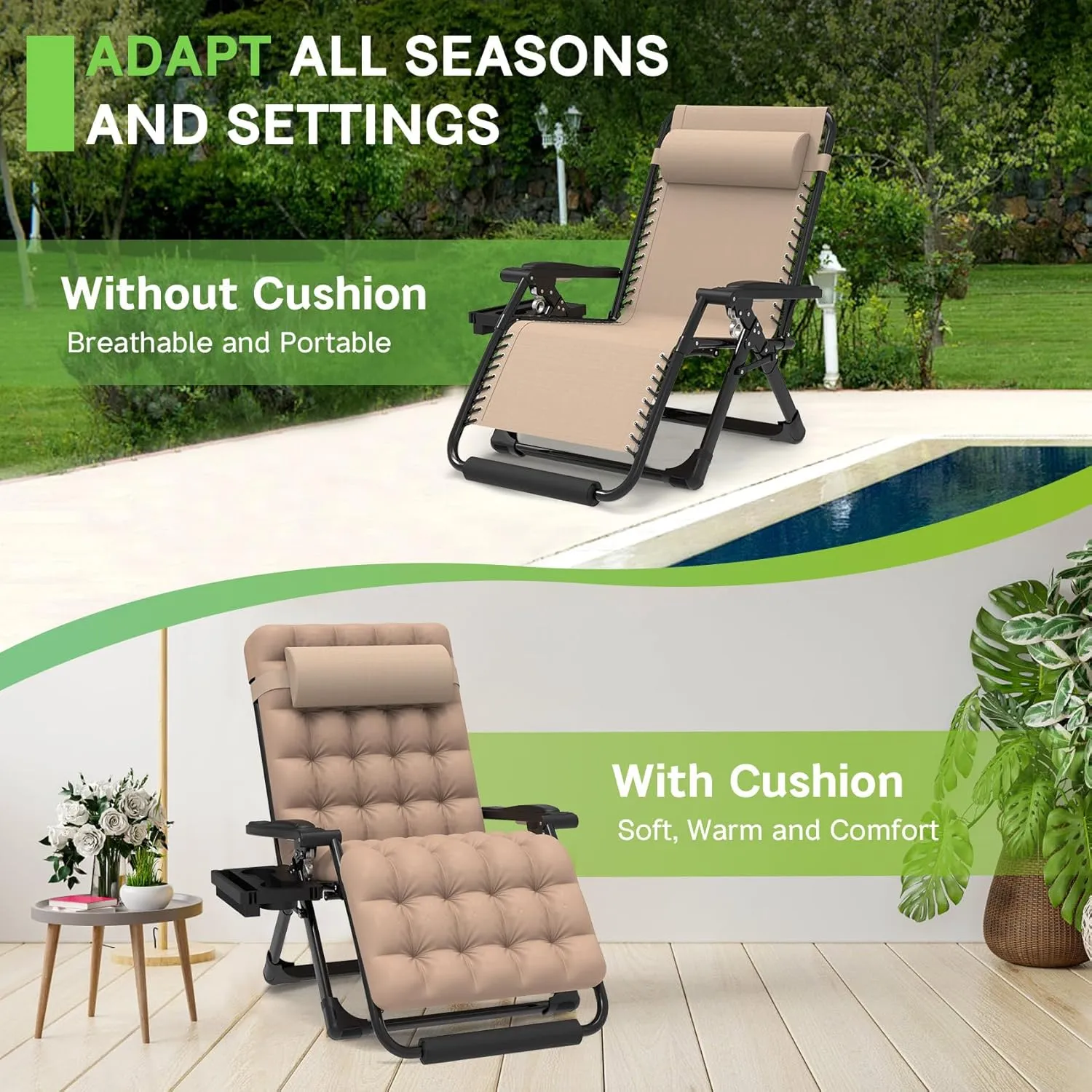 ZENPETIO Oversized Zero Gravity Chair, 33In XXL Zero Gravity Recliner Lounge Chair, Anti Gravity Chair for Indoor and Outdoor, Reclining Camping Chair for Lawn and Patio w/Cushion and Footrest, 500LBS
