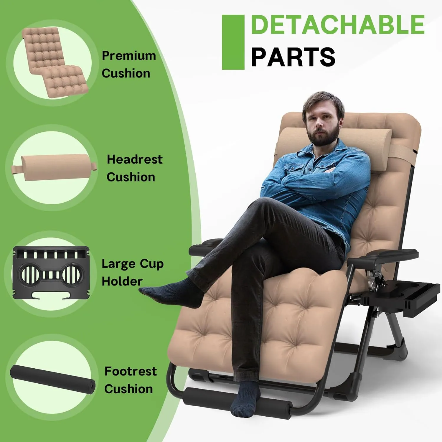 ZENPETIO Oversized Zero Gravity Chair, 33In XXL Zero Gravity Recliner Lounge Chair, Anti Gravity Chair for Indoor and Outdoor, Reclining Camping Chair for Lawn and Patio w/Cushion and Footrest, 500LBS