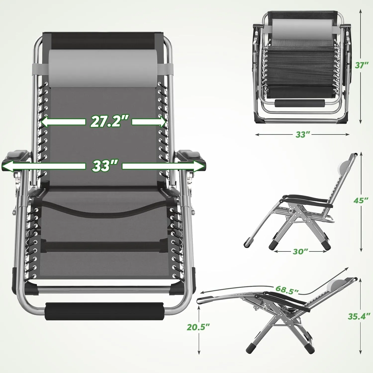 ZENPETIO Oversized Zero Gravity Chair, 33In XXL Zero Gravity Recliner Lounge Chair, Anti Gravity Chair for Indoor and Outdoor, Reclining Camping Chair for Lawn and Patio w/Cushion and Footrest, 500LBS
