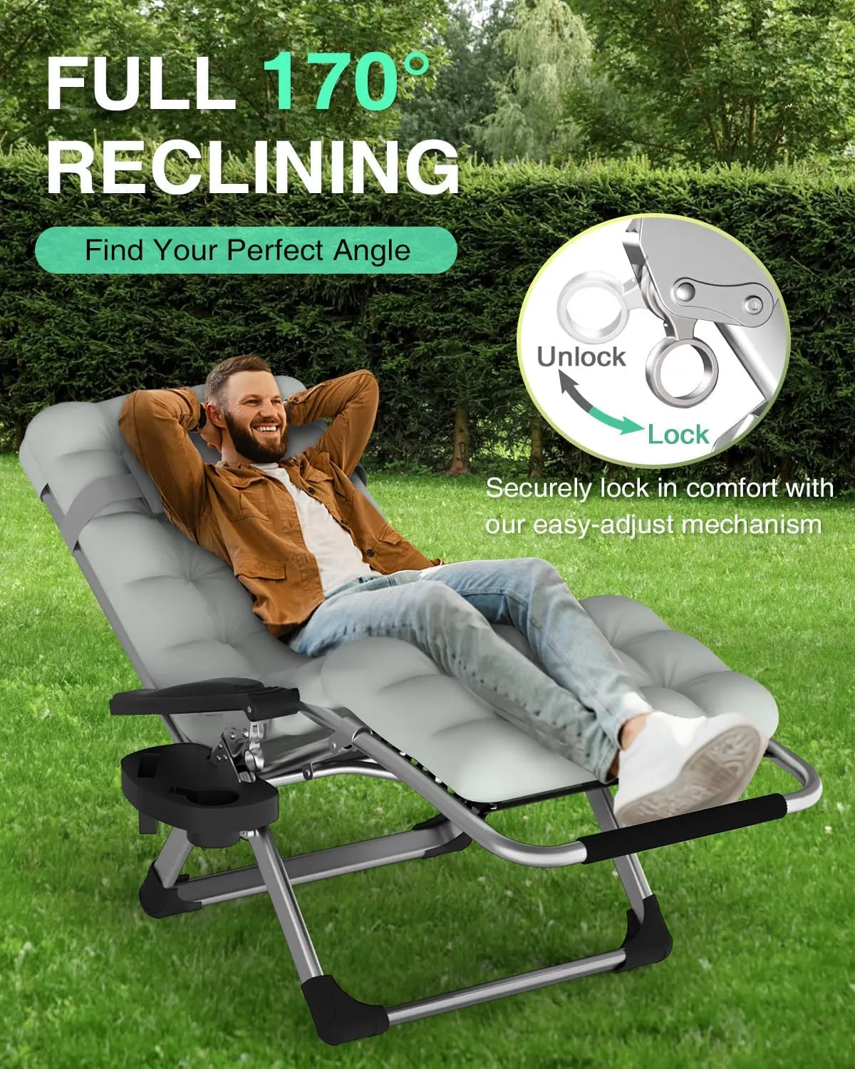 ZENPETIO Zero Gravity Lounge Chair, Foldable Outdoor Recliner with Detachable Cushion, Portable Anti Gravity Lounger for Camping, Patio, Poolside, Lawn - Grey