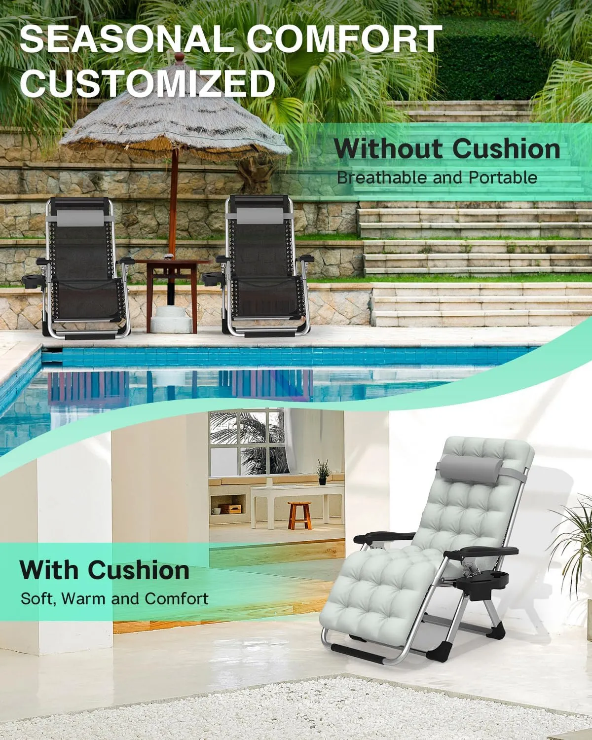ZENPETIO Zero Gravity Lounge Chair, Foldable Outdoor Recliner with Detachable Cushion, Portable Anti Gravity Lounger for Camping, Patio, Poolside, Lawn - Grey