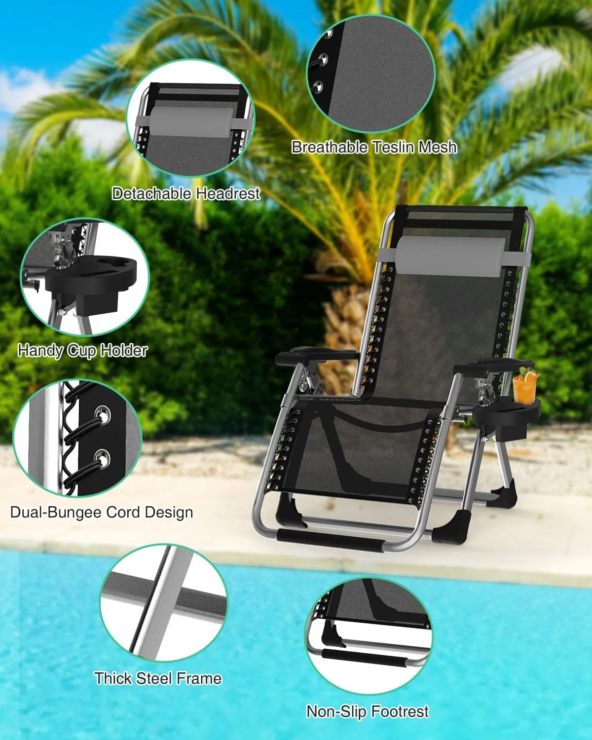 ZENPETIO Zero Gravity Lounge Chair, Foldable Outdoor Recliner with Detachable Cushion, Portable Anti Gravity Lounger for Camping, Patio, Poolside, Lawn - Grey
