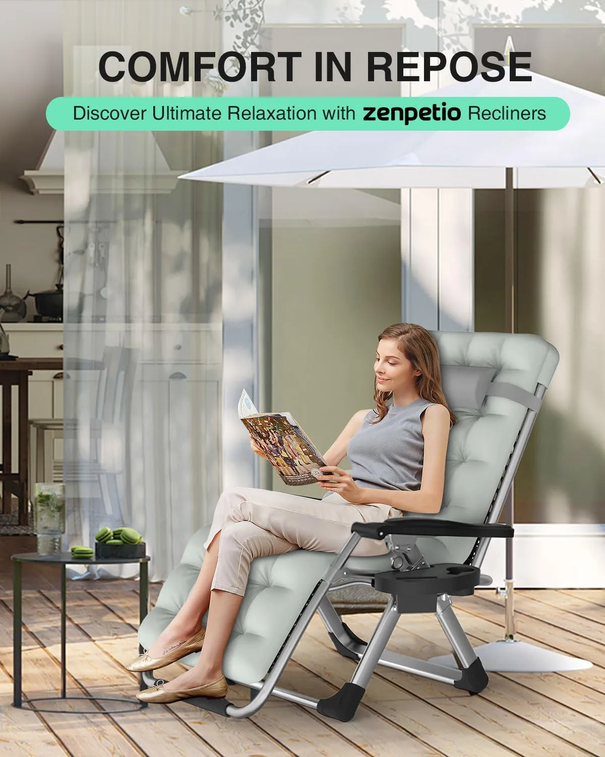 ZENPETIO Zero Gravity Lounge Chair, Foldable Outdoor Recliner with Detachable Cushion, Portable Anti Gravity Lounger for Camping, Patio, Poolside, Lawn - Grey