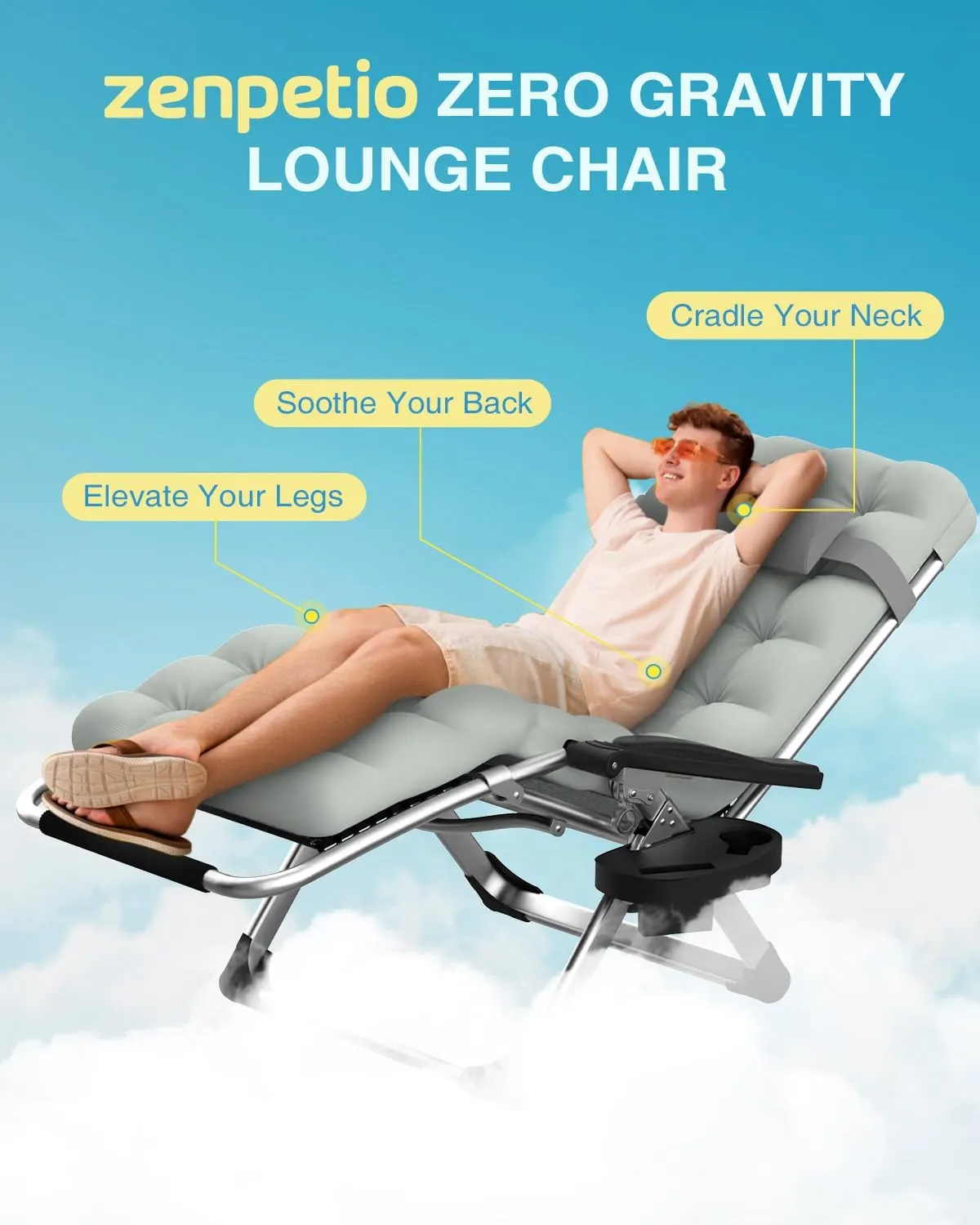 ZENPETIO Zero Gravity Lounge Chair, Foldable Outdoor Recliner with Detachable Cushion, Portable Anti Gravity Lounger for Camping, Patio, Poolside, Lawn - Grey