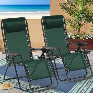 Zero Gravity Chairs Set of 2, 350lbs Capacity Folding Outdoor Patio Recliner with Adjustable Headrest & Cup Holder, Anti Gravity Chair for Backyard, Poolside & Lawn (Forest Green)