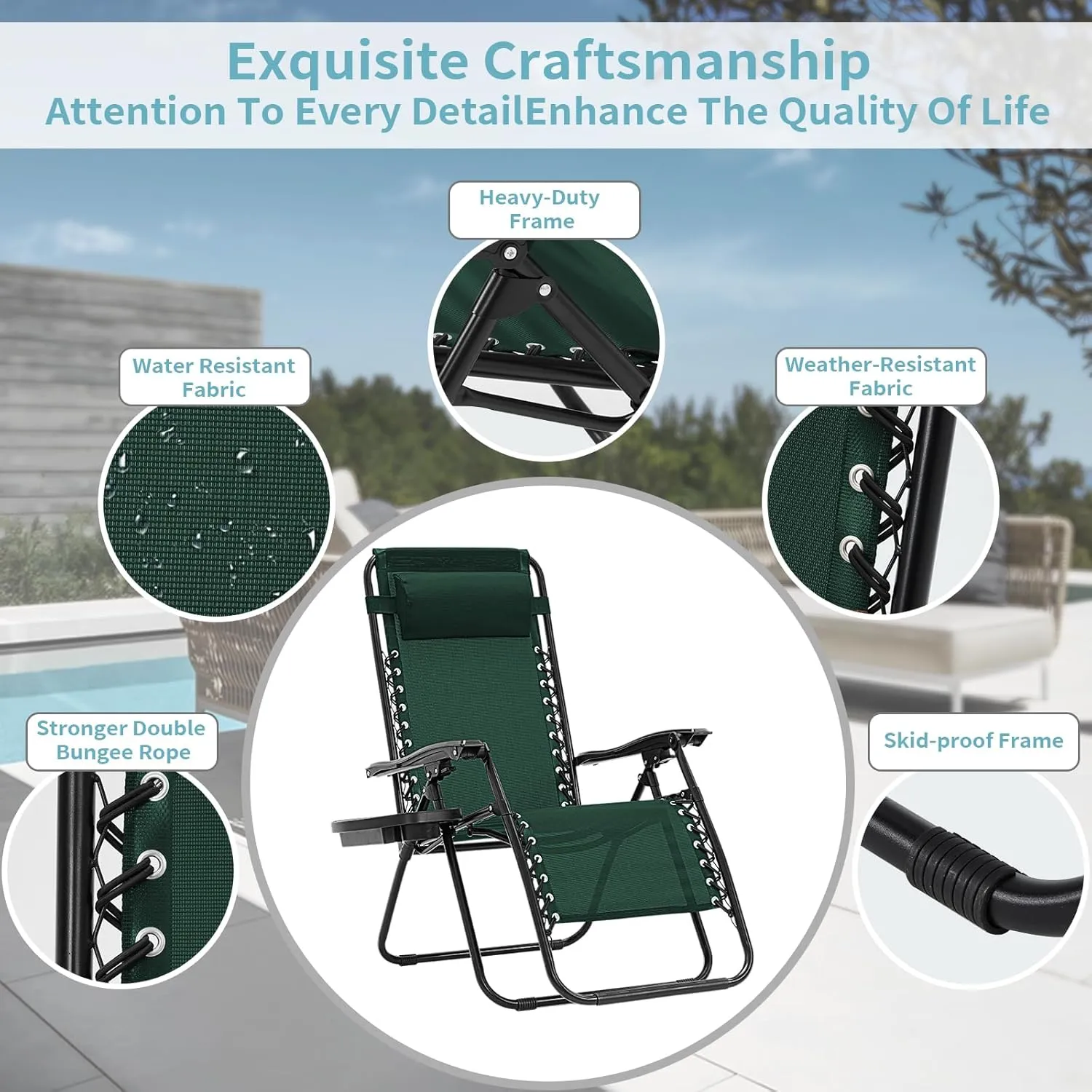 Zero Gravity Chairs Set of 2, 350lbs Capacity Folding Outdoor Patio Recliner with Adjustable Headrest & Cup Holder, Anti Gravity Chair for Backyard, Poolside & Lawn (Forest Green)
