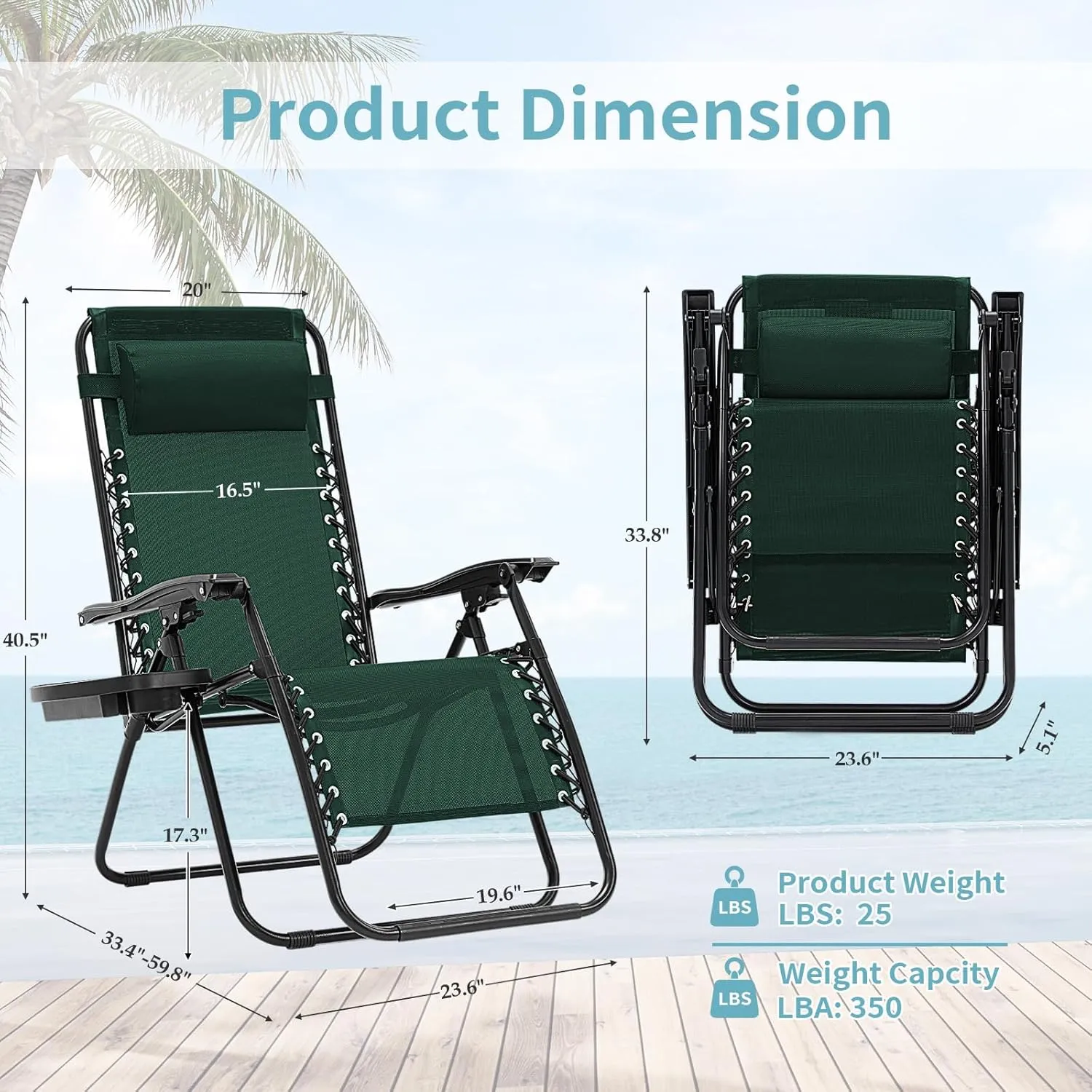 Zero Gravity Chairs Set of 2, 350lbs Capacity Folding Outdoor Patio Recliner with Adjustable Headrest & Cup Holder, Anti Gravity Chair for Backyard, Poolside & Lawn (Forest Green)