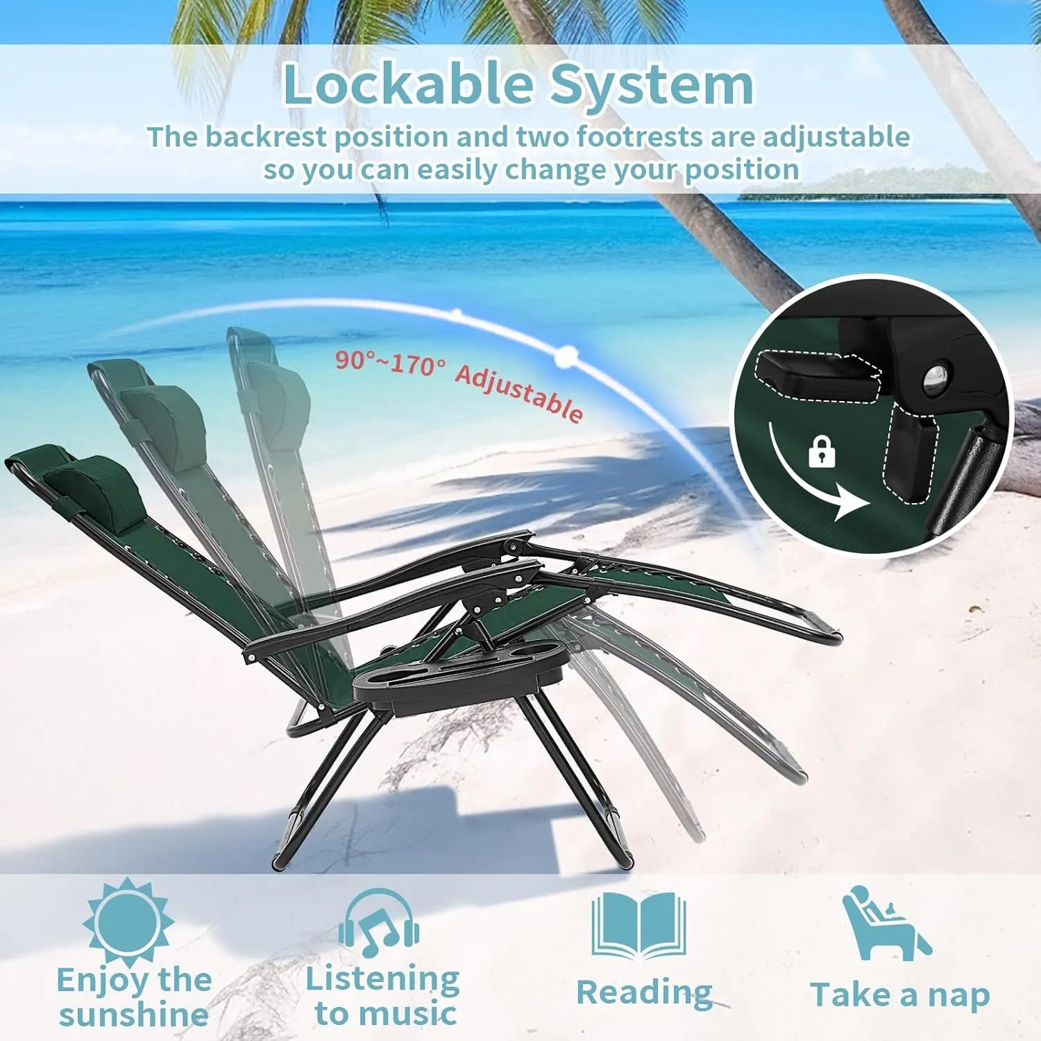 Zero Gravity Chairs Set of 2, 350lbs Capacity Folding Outdoor Patio Recliner with Adjustable Headrest & Cup Holder, Anti Gravity Chair for Backyard, Poolside & Lawn (Forest Green)