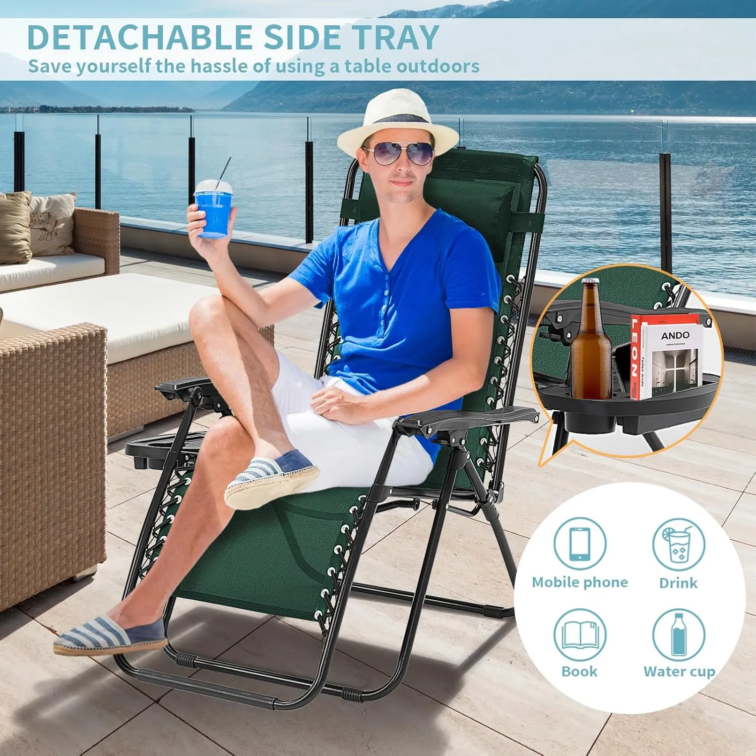 Zero Gravity Chairs Set of 2, 350lbs Capacity Folding Outdoor Patio Recliner with Adjustable Headrest & Cup Holder, Anti Gravity Chair for Backyard, Poolside & Lawn (Forest Green)