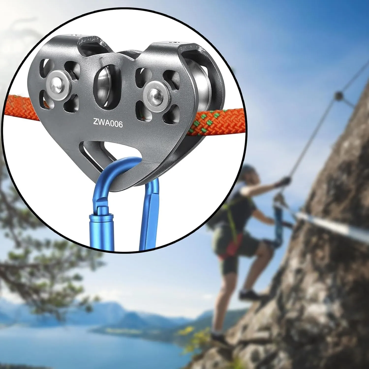 Zip Line Pulley, Climbing Pulley, Supplies Portable,Hauling Pulley Wheel,30kN Tandem Speed Double Pulley for Hauling,Dragging