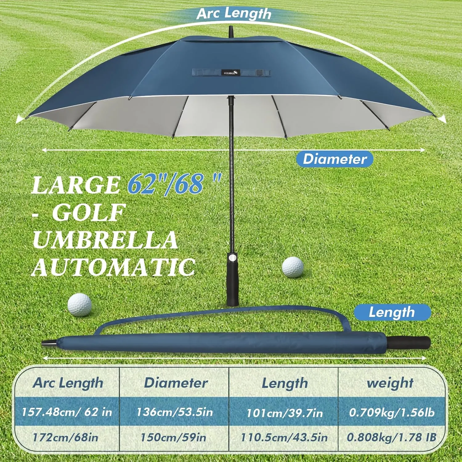 ZOMAKE 62/68" Windproof Golf Umbrella UV Protection, Automatic Oversize Golf Umbrellas Double Canopy Vented Sun Blocking Push Cart for Rain Sun