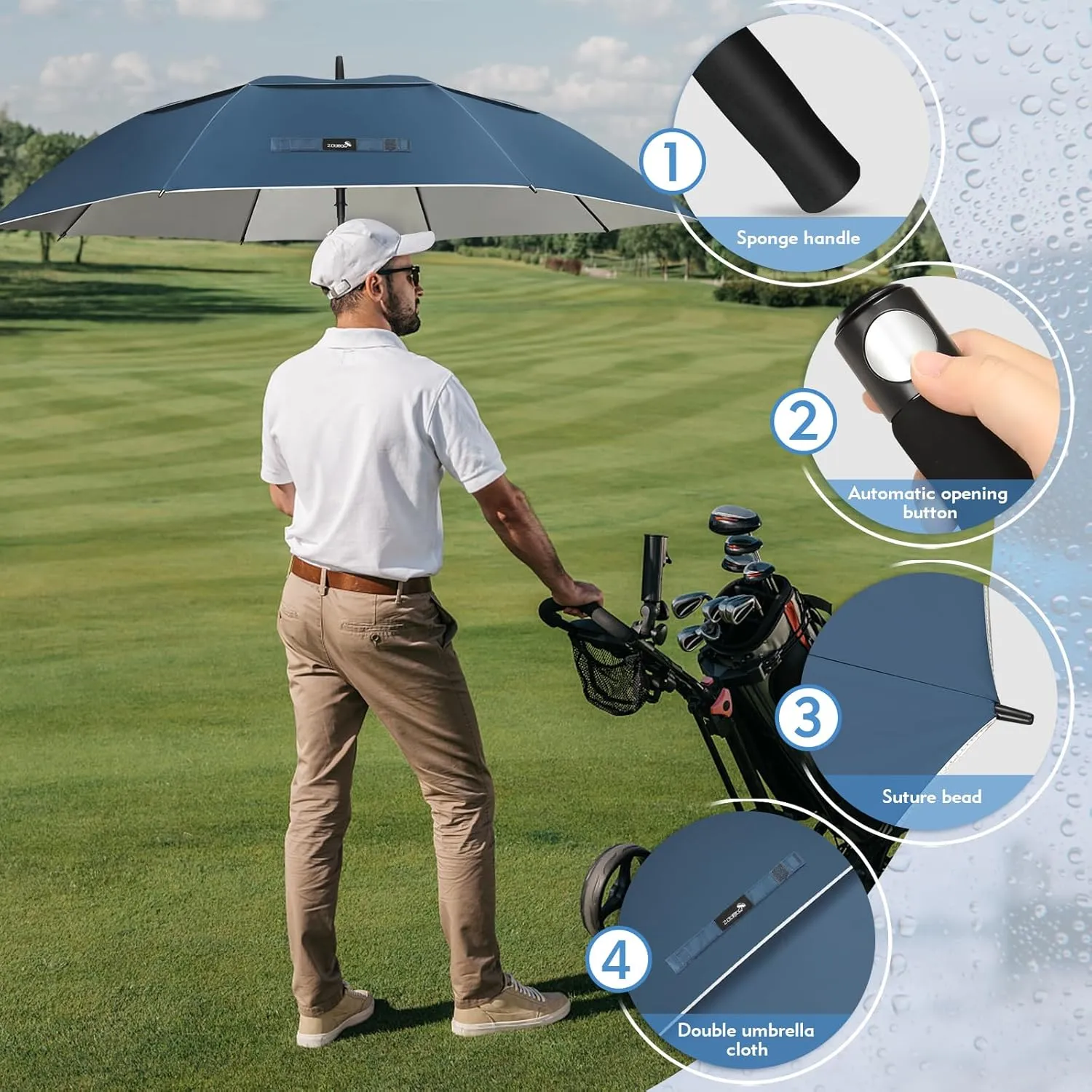 ZOMAKE 62/68" Windproof Golf Umbrella UV Protection, Automatic Oversize Golf Umbrellas Double Canopy Vented Sun Blocking Push Cart for Rain Sun