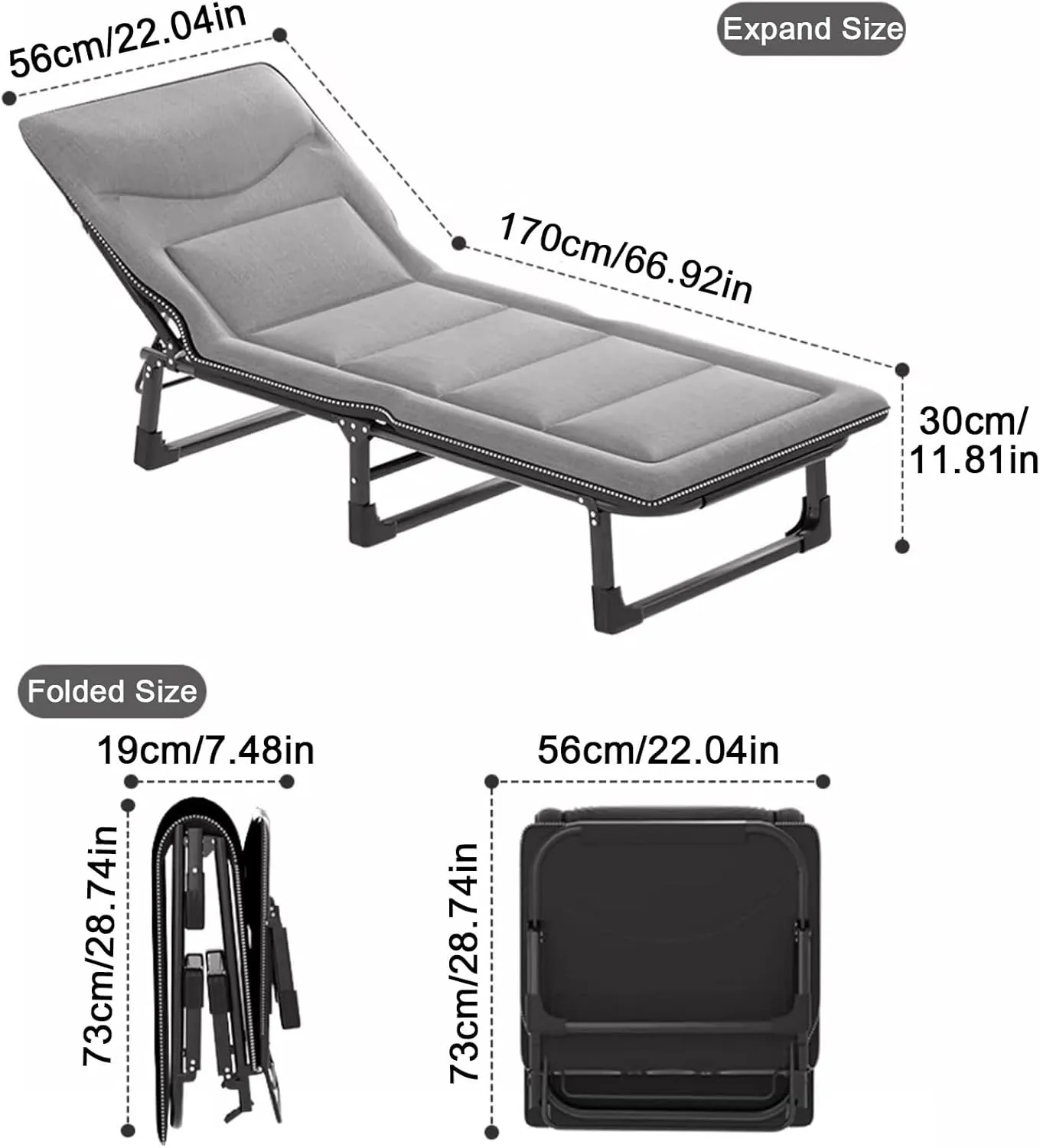 ZTGL D,170x56cm, Reclining Camping Lounge Chair, Reclining Patio Chairs, Folding Recliner Chair for Outdoor Indoor, Portable Folding Camping Cot, Sunbathing Lounge Chairs